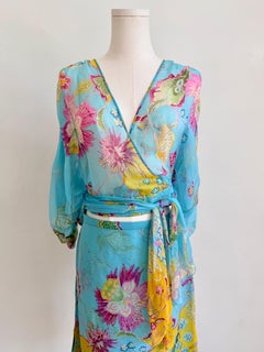 S/S 2004 Ensemble jupe et top enveloppant à fleurs bleues