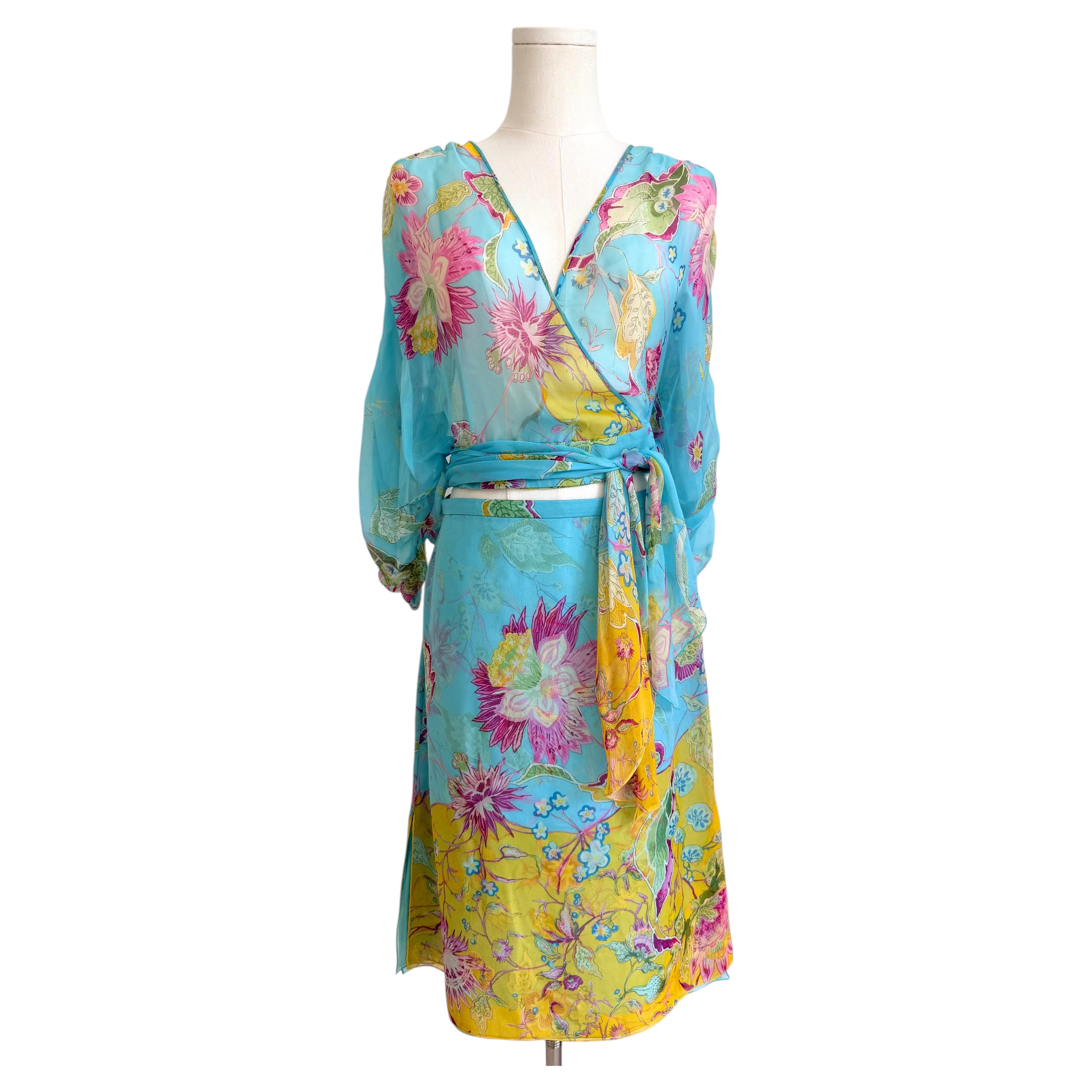S/S 2004 Blue Floral Wrap Top and Skirt Set