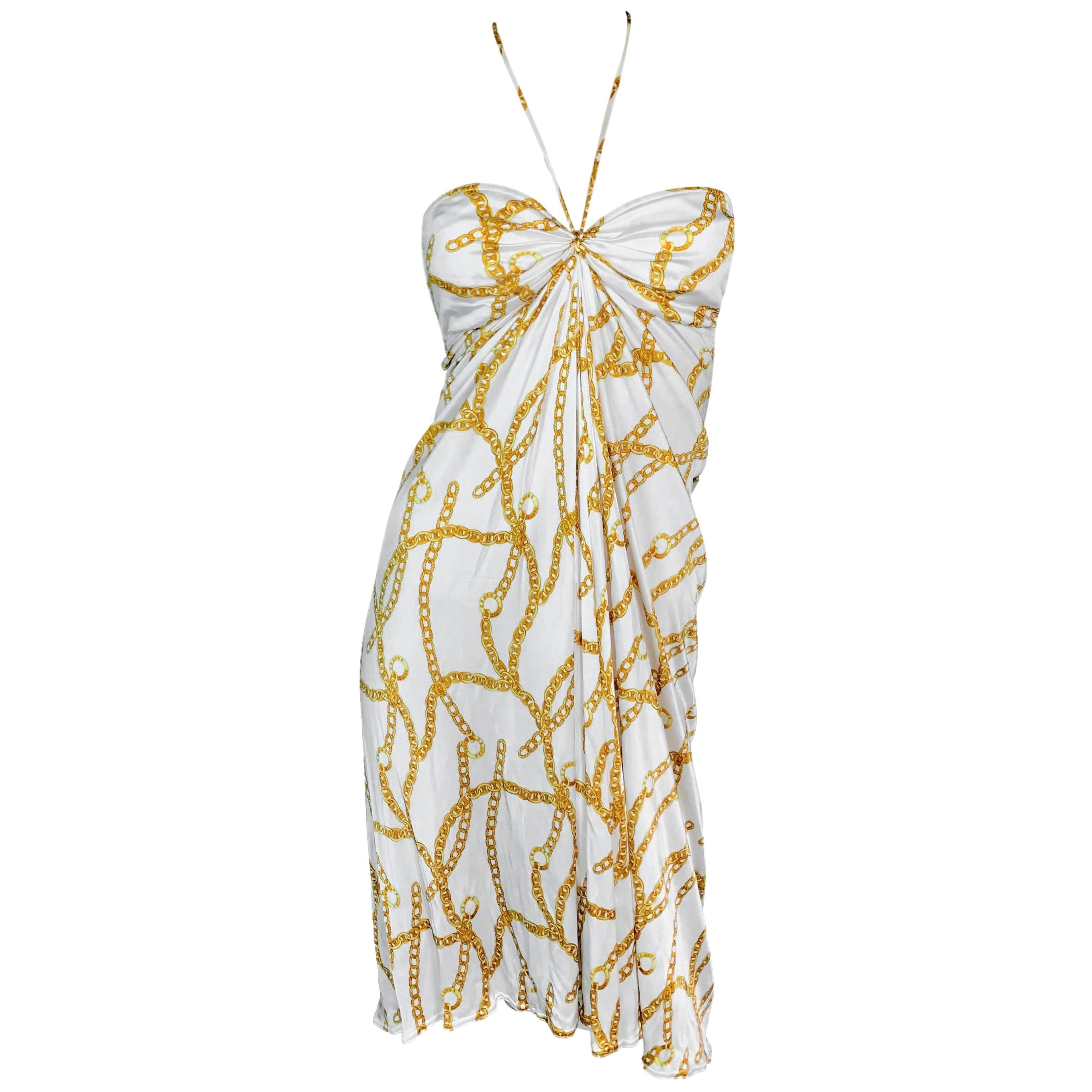 S/S 2004 Celine by Michael Kors White & Gold Chain & Logo Print Dress