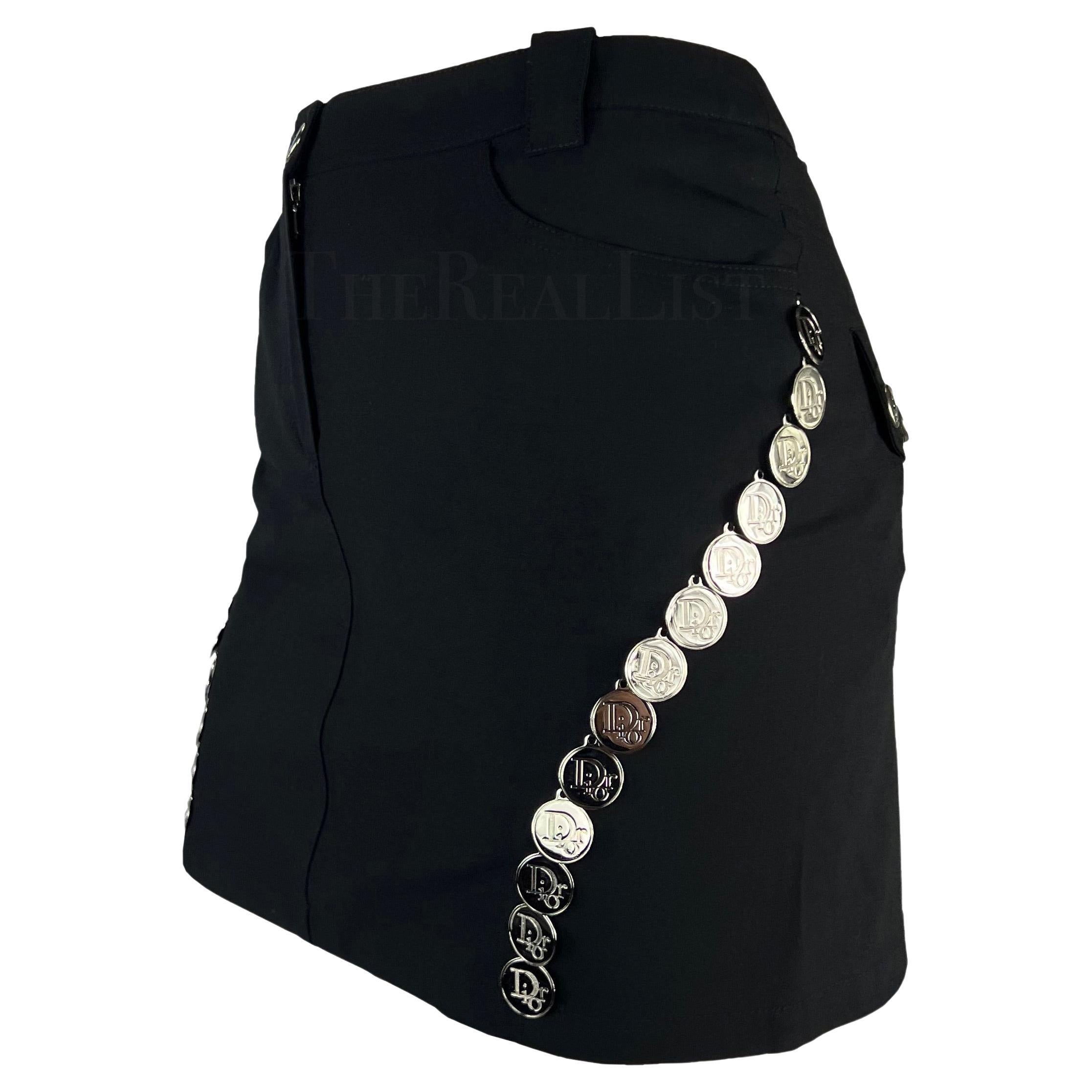 S/S 2004 Christian Dior Black Silver Logo Medallion Mini Skirt For Sale