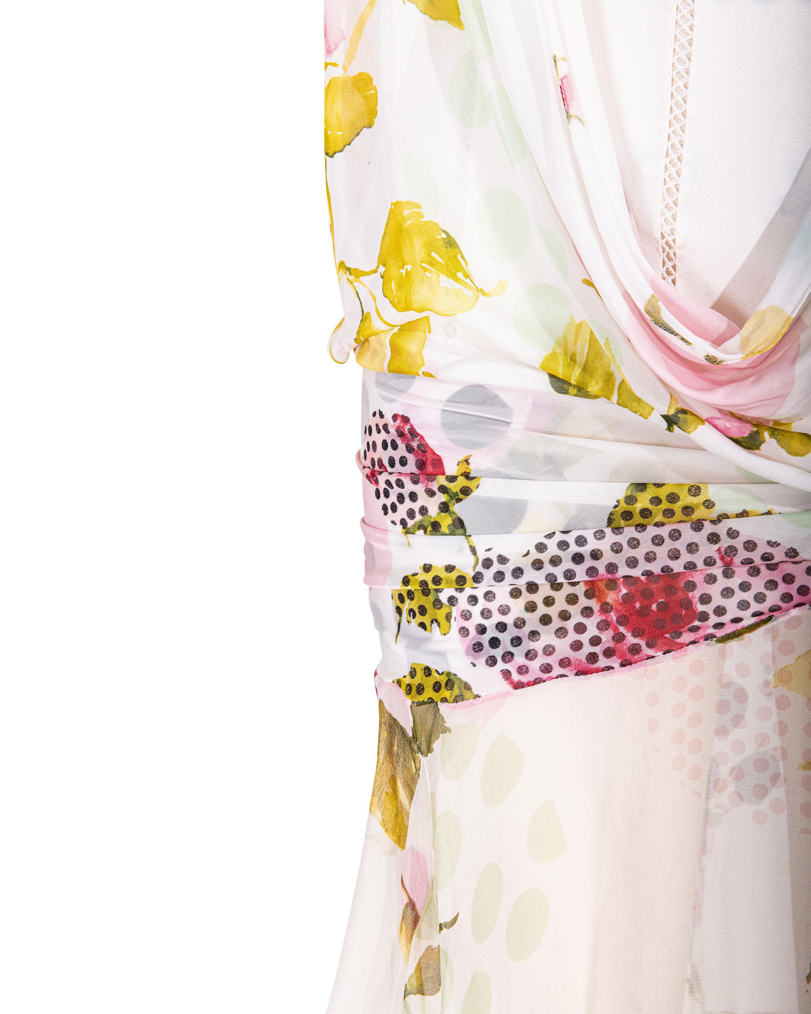 S/S 2004 Christian Dior by Galliano White and Patterned Bias Cut Drape Dress For Sale 6