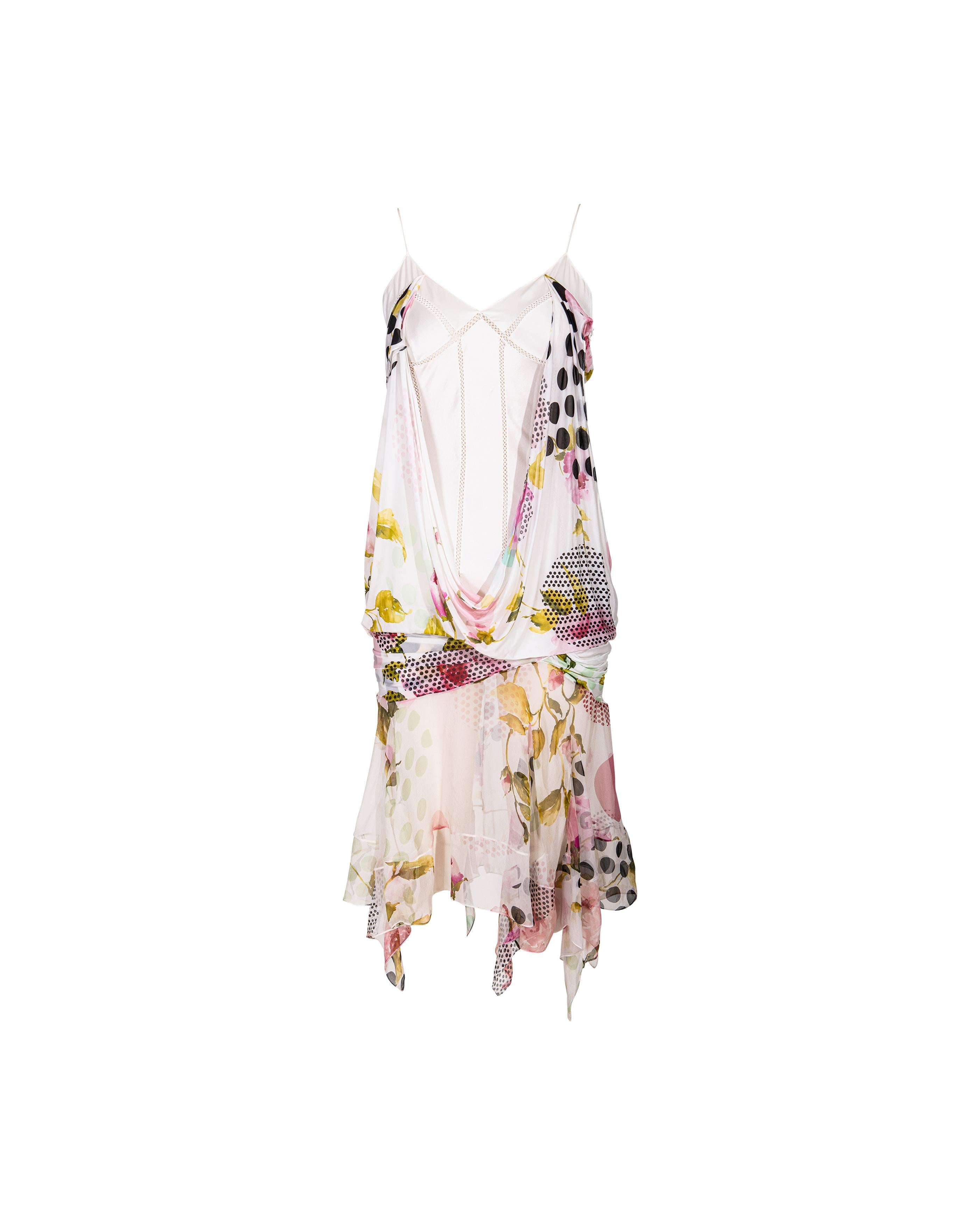 S/S 2004 Christian Dior by Galliano White and Patterned Bias Cut Drape Dress For Sale 7