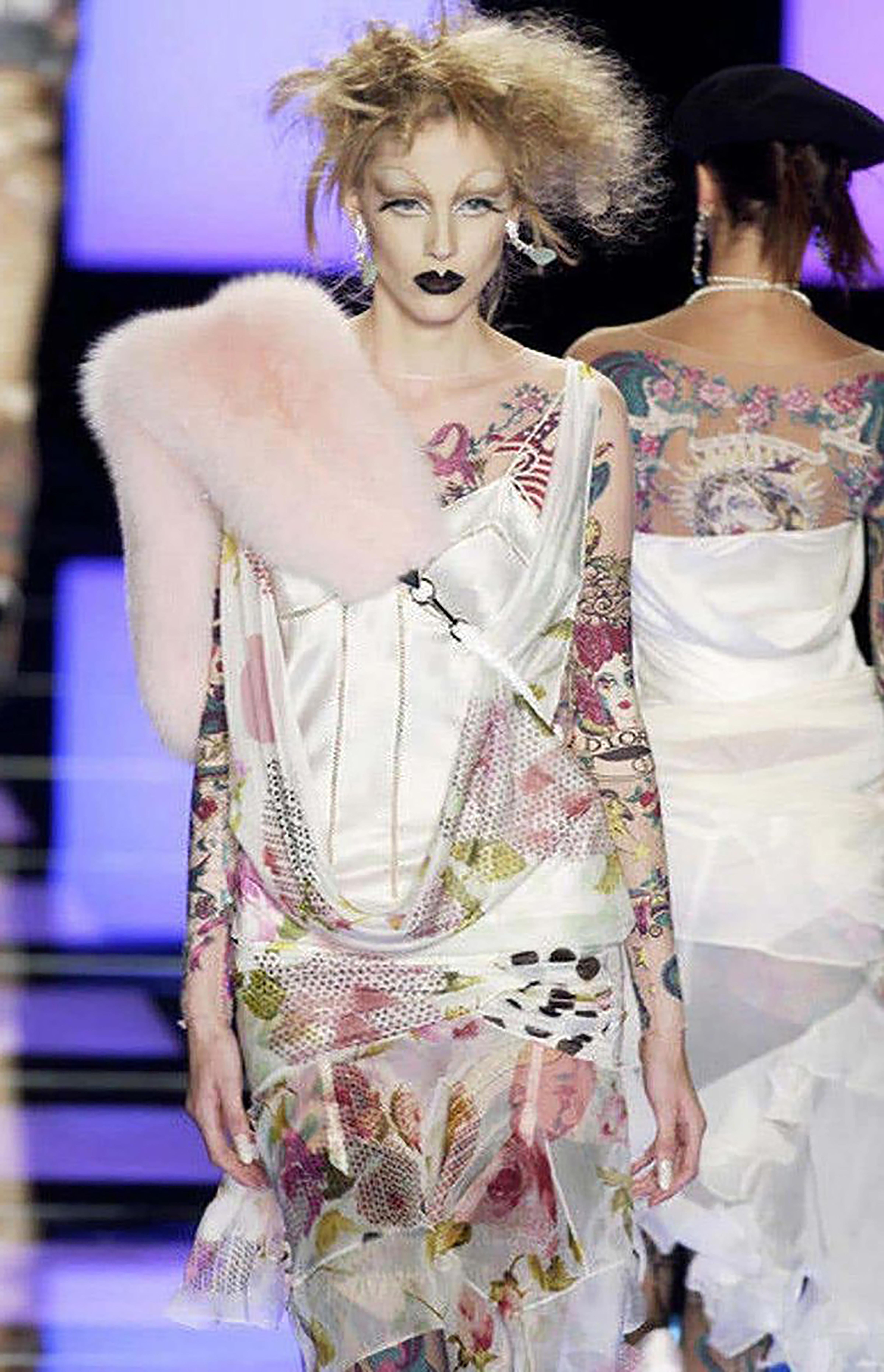 S/S 2004 Christian Dior by Galliano White and Patterned Bias Cut Drape Dress For Sale 8