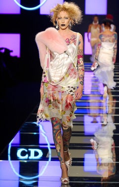 S/S 2004 Christian Dior by Galliano White and Patterned Bias Cut Drape Dress