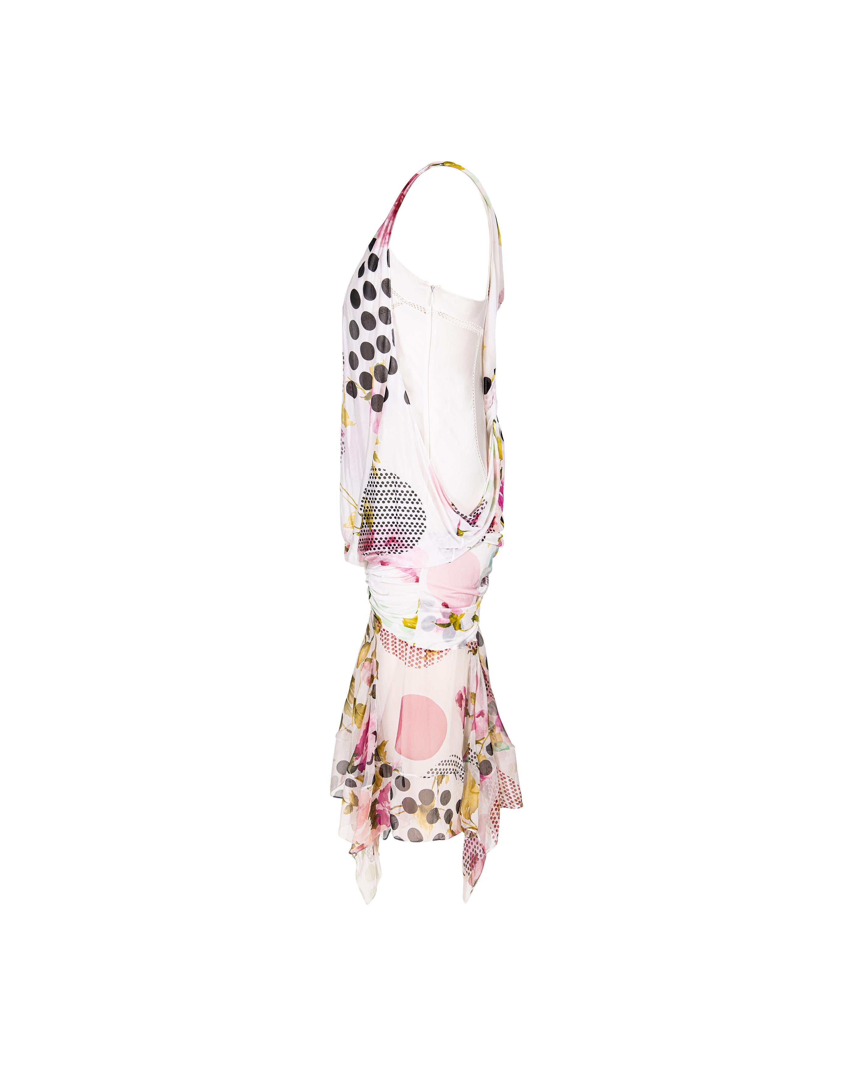 S/S 2004 Christian Dior by Galliano White and Patterned Bias Cut Drape Dress In Good Condition For Sale In North Hollywood, CA
