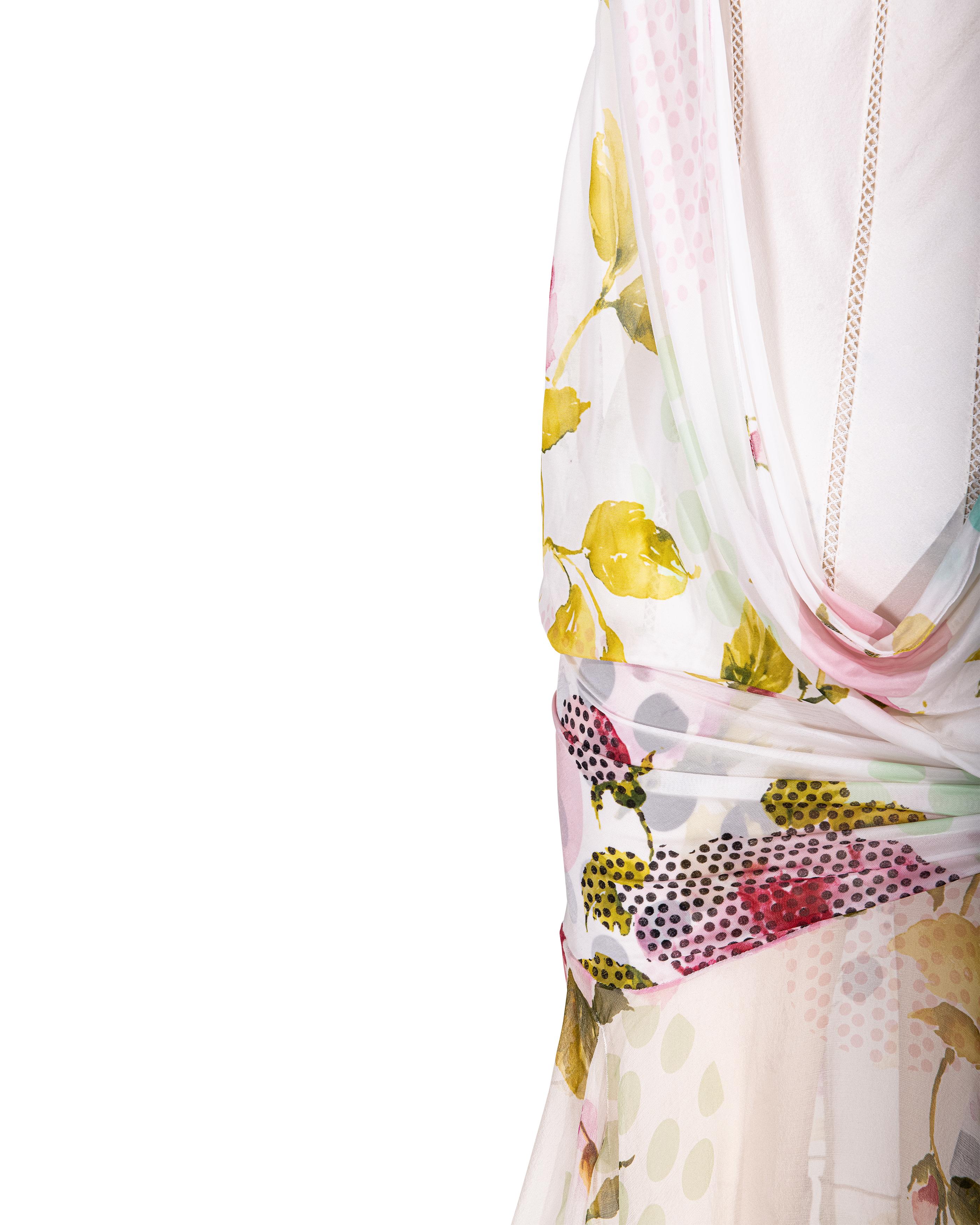 S/S 2004 Christian Dior by Galliano White and Patterned Bias Cut Drape Dress For Sale 1