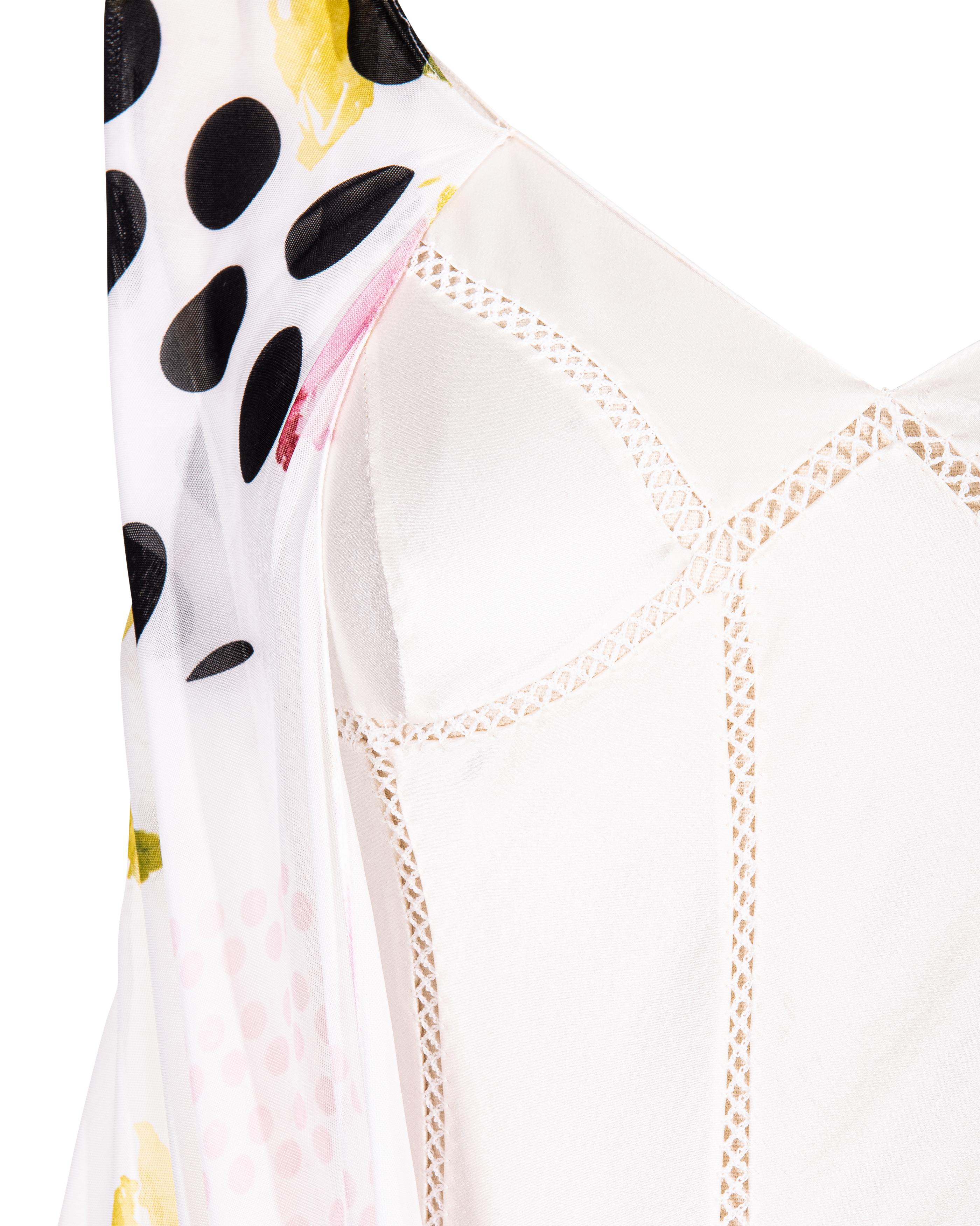 S/S 2004 Christian Dior by Galliano White and Patterned Bias Cut Drape Dress For Sale 2