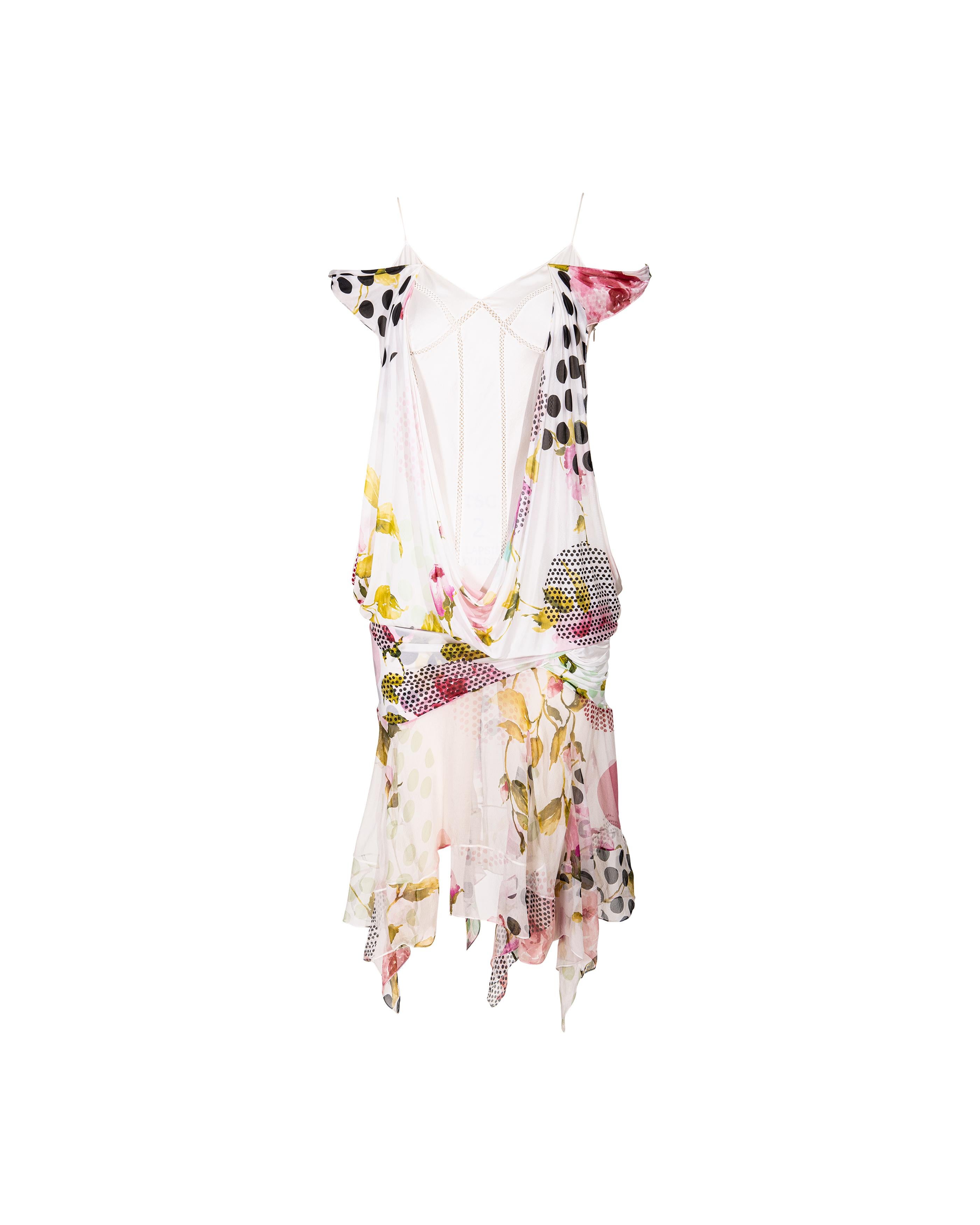 S/S 2004 Christian Dior by Galliano White and Patterned Bias Cut Drape Dress For Sale 3