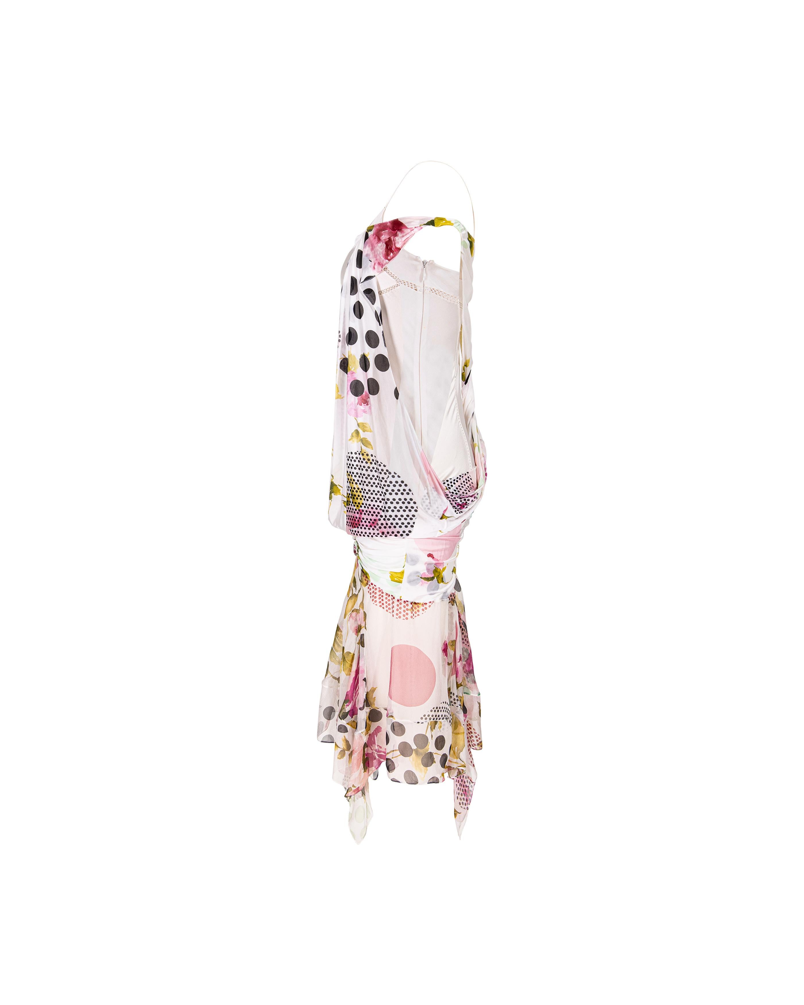 S/S 2004 Christian Dior by Galliano White and Patterned Bias Cut Drape Dress For Sale 4