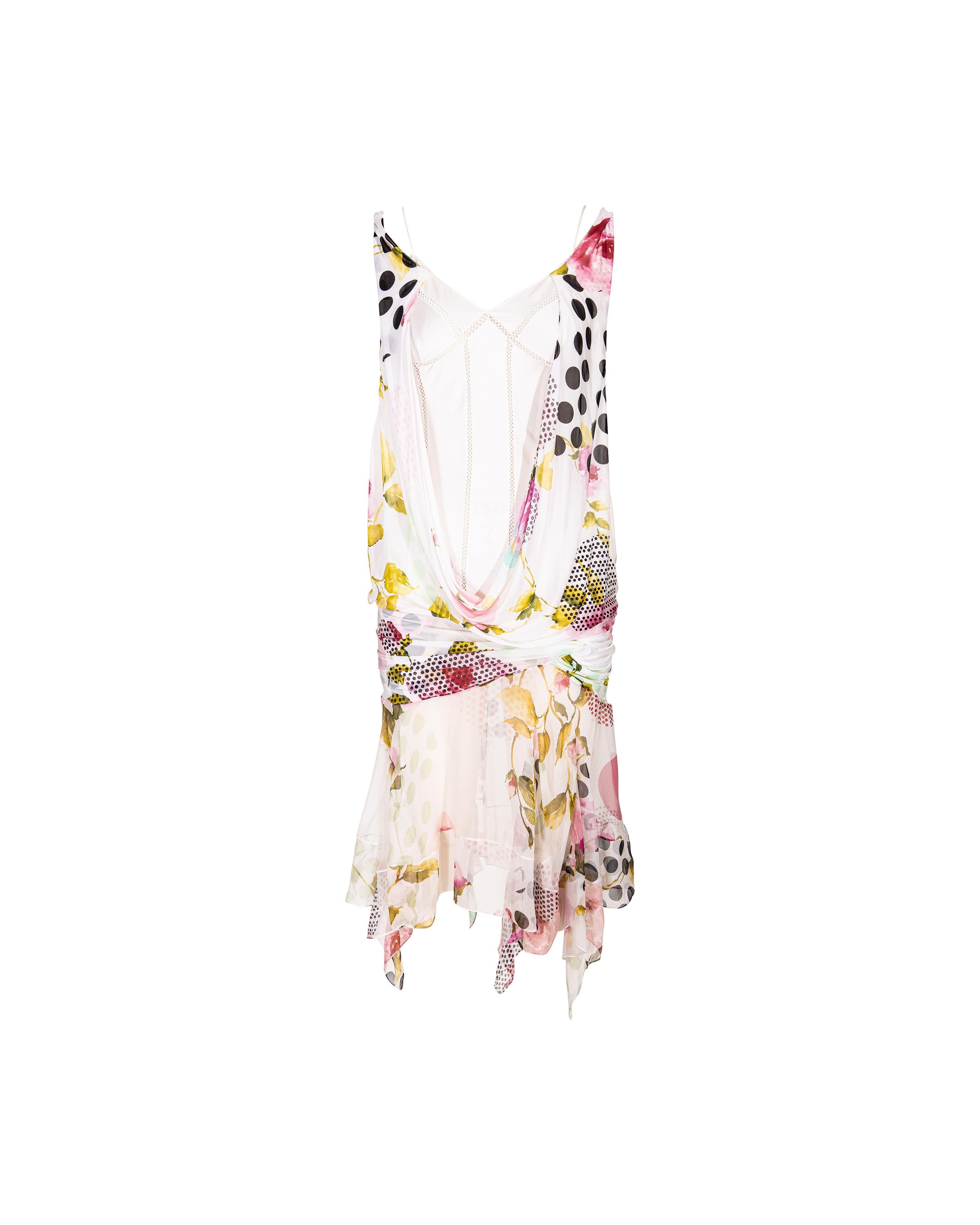 S/S 2004 Christian Dior by Galliano White and Patterned Bias Cut Drape Dress For Sale 5