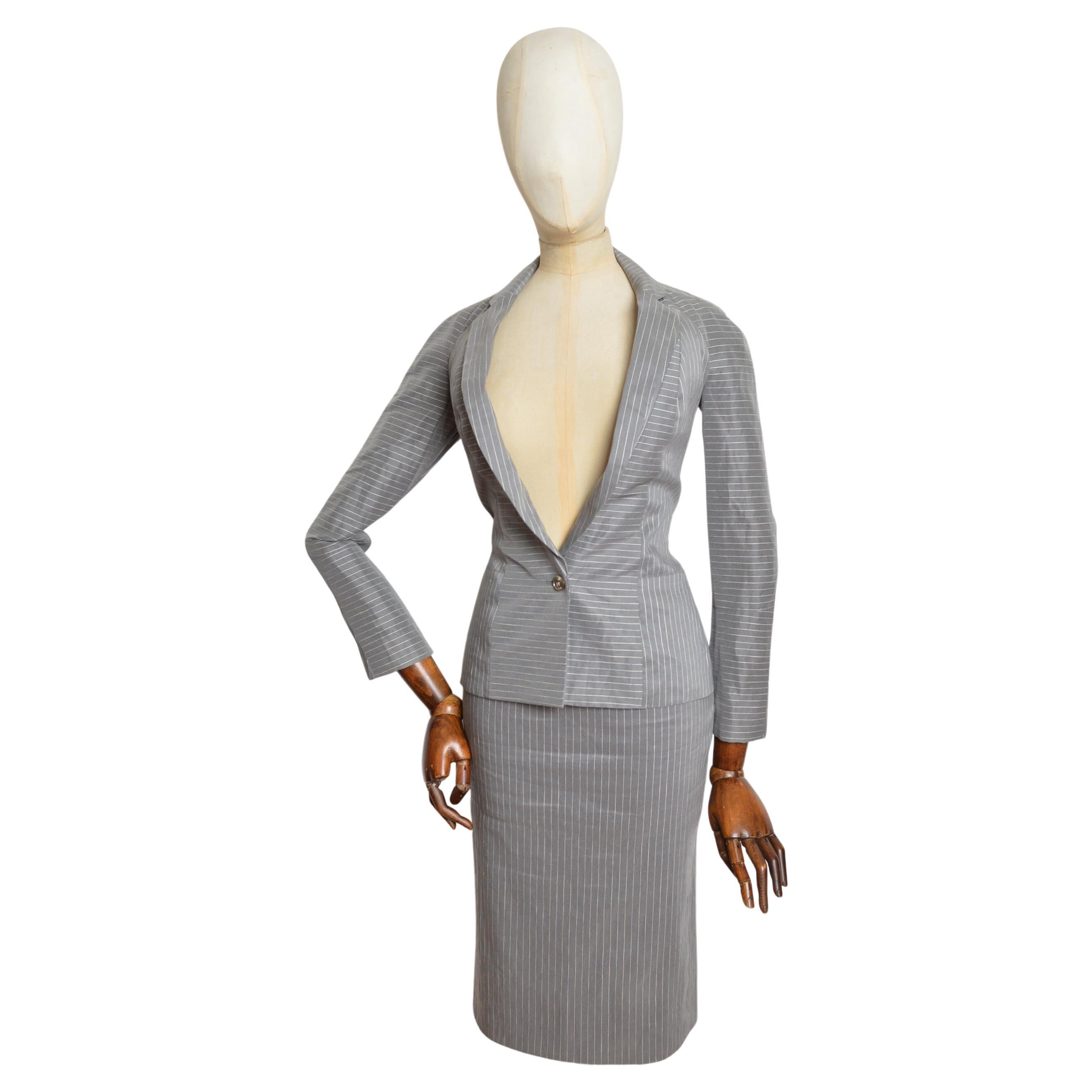 S/S 2004 Christian Dior by John Galliano Grey Pinstriped Blazer & Skirt Suit