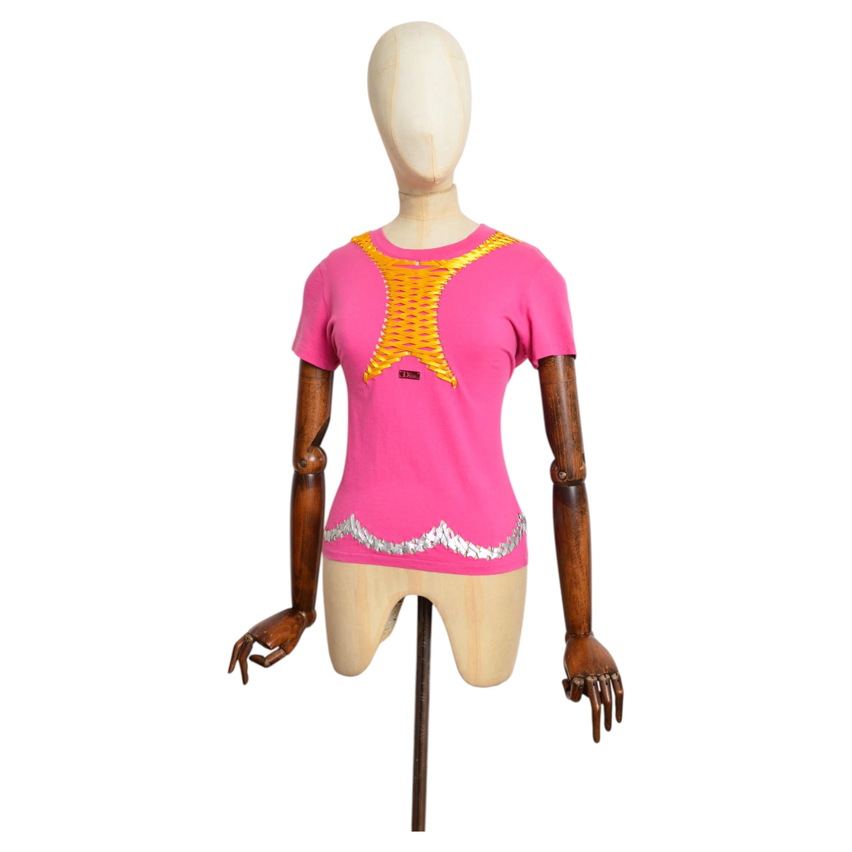 S/S 2004 Christian Dior by John Galliano Hot Pink Lace up Baby Tee T-Shirt