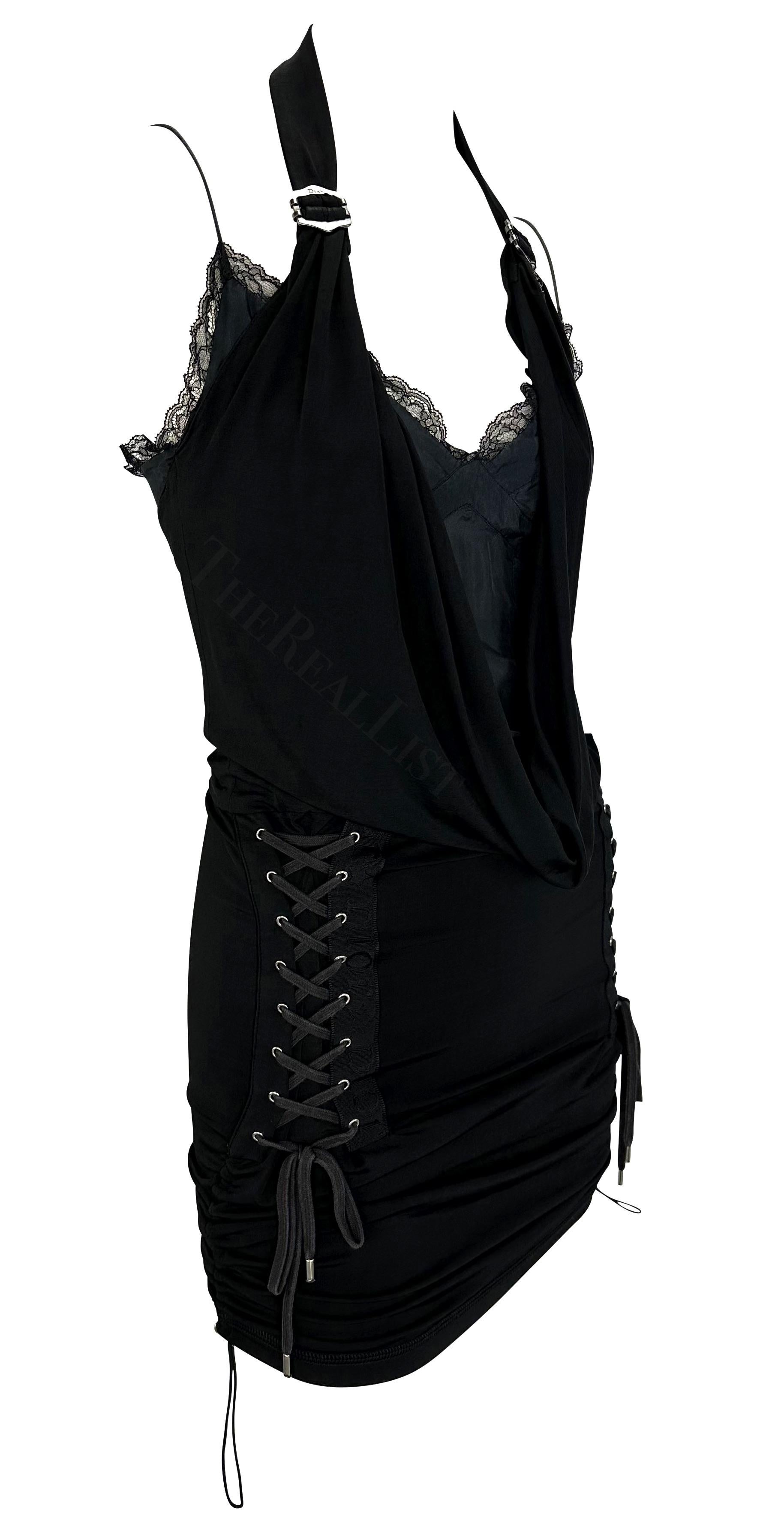 S/S 2004 Christian Dior by John Galliano Lace Up Cowl Halter Black Bodycon Dress For Sale 2