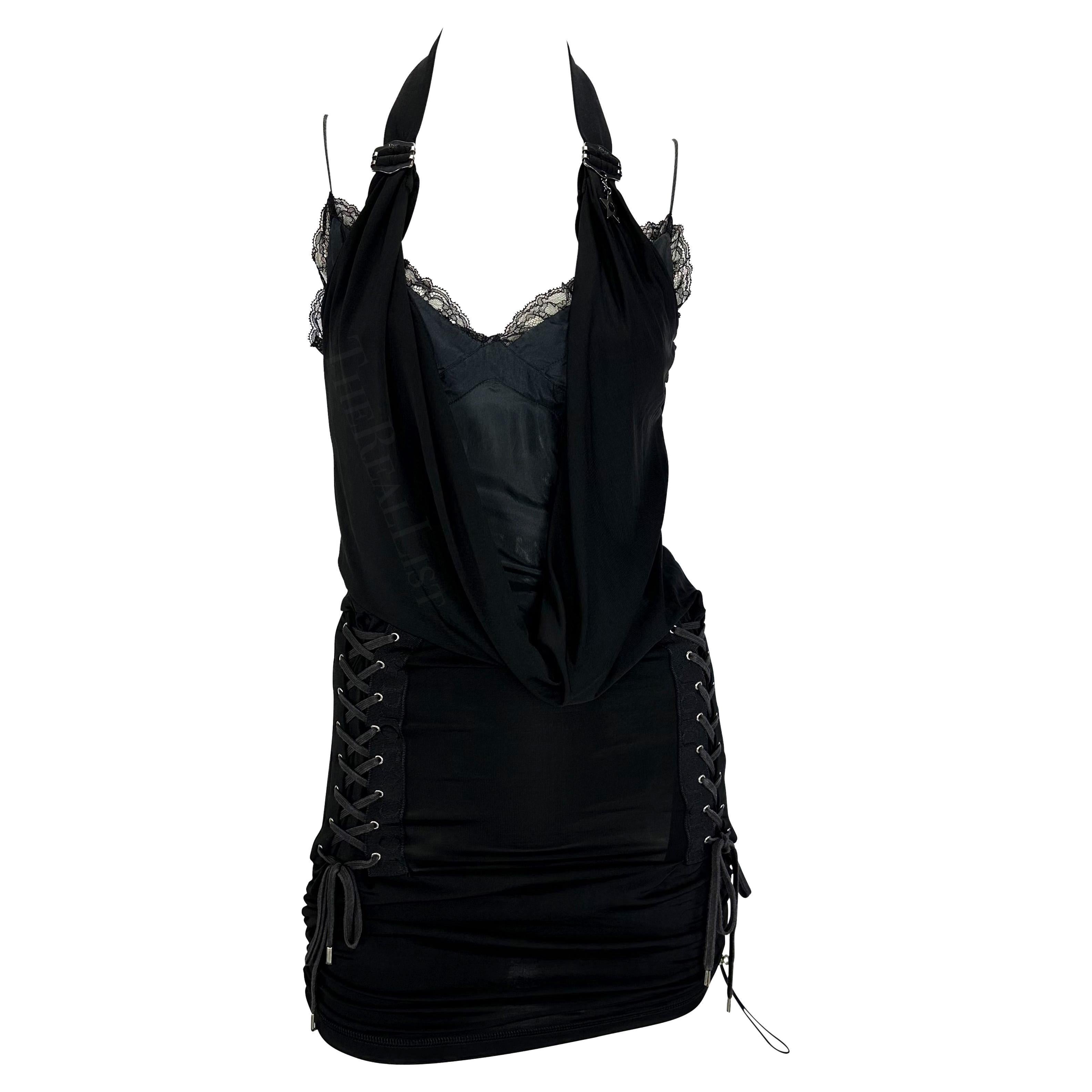 S/S 2004 Christian Dior by John Galliano Lace Up Cowl Halter Black Bodycon Dress For Sale