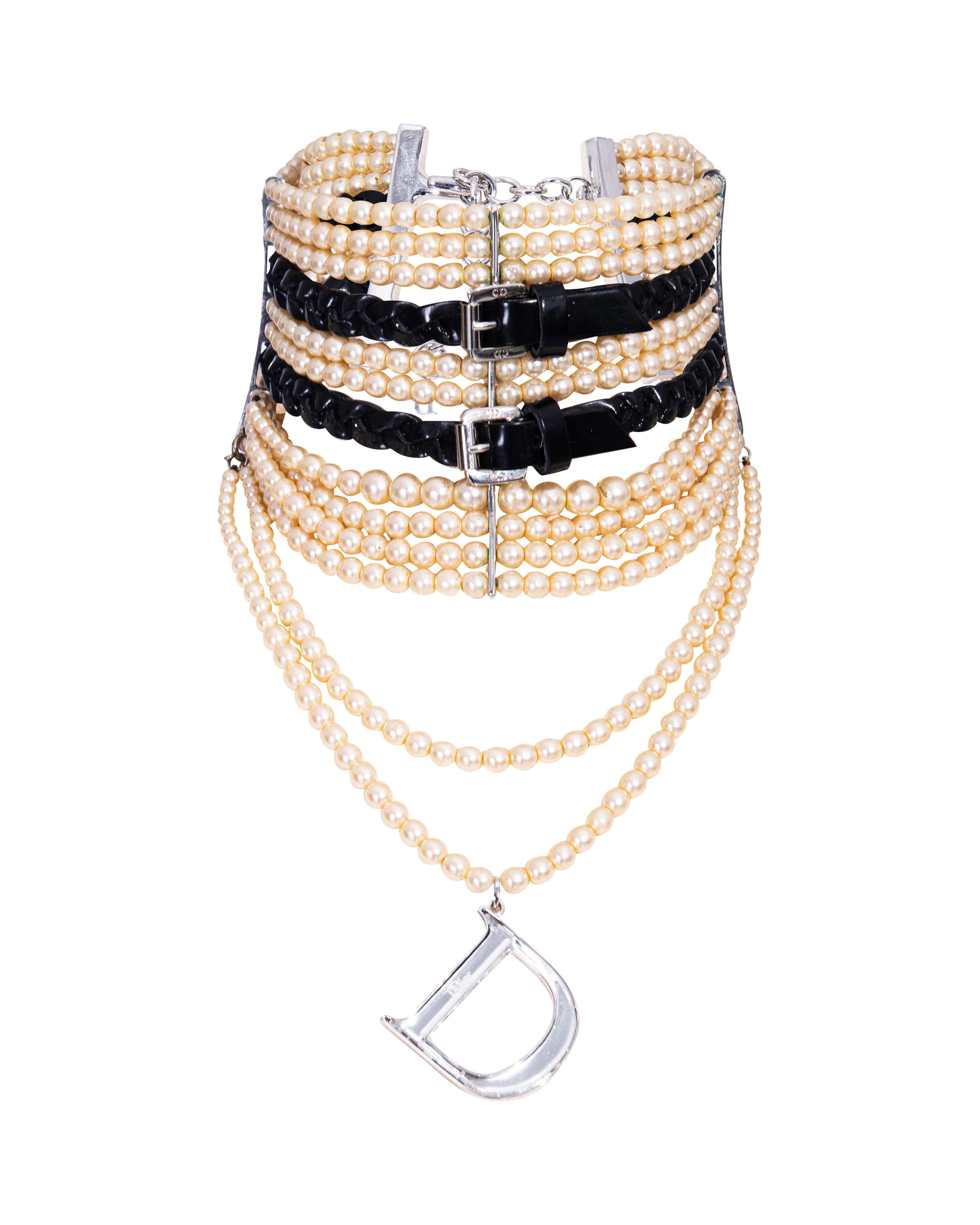 S/S 2004 Christian Dior by John Galliano Pearl and Black Leather Choker Necklace 2