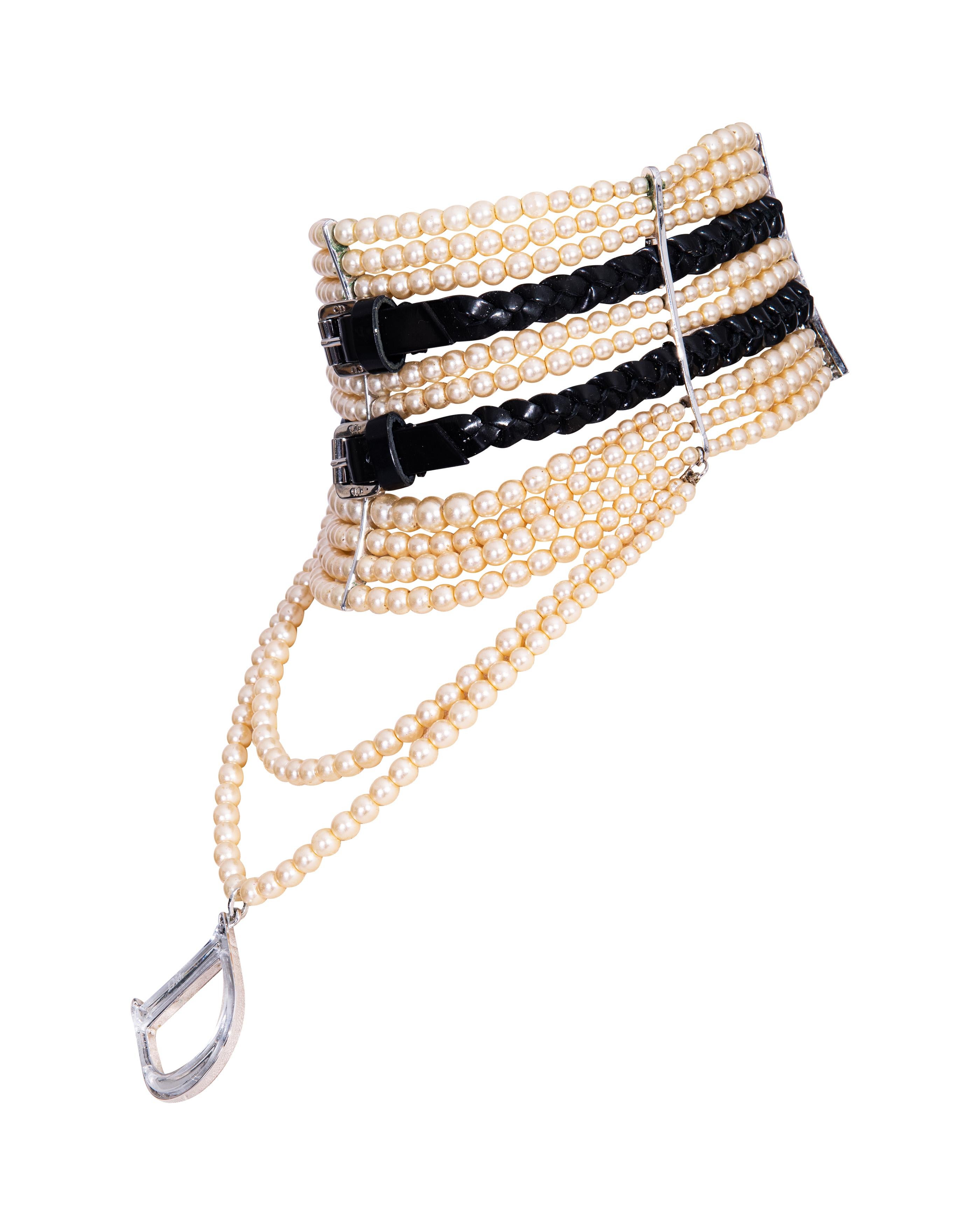 S/S 2004 Christian Dior by John Galliano Pearl and Black Leather Choker Necklace 3