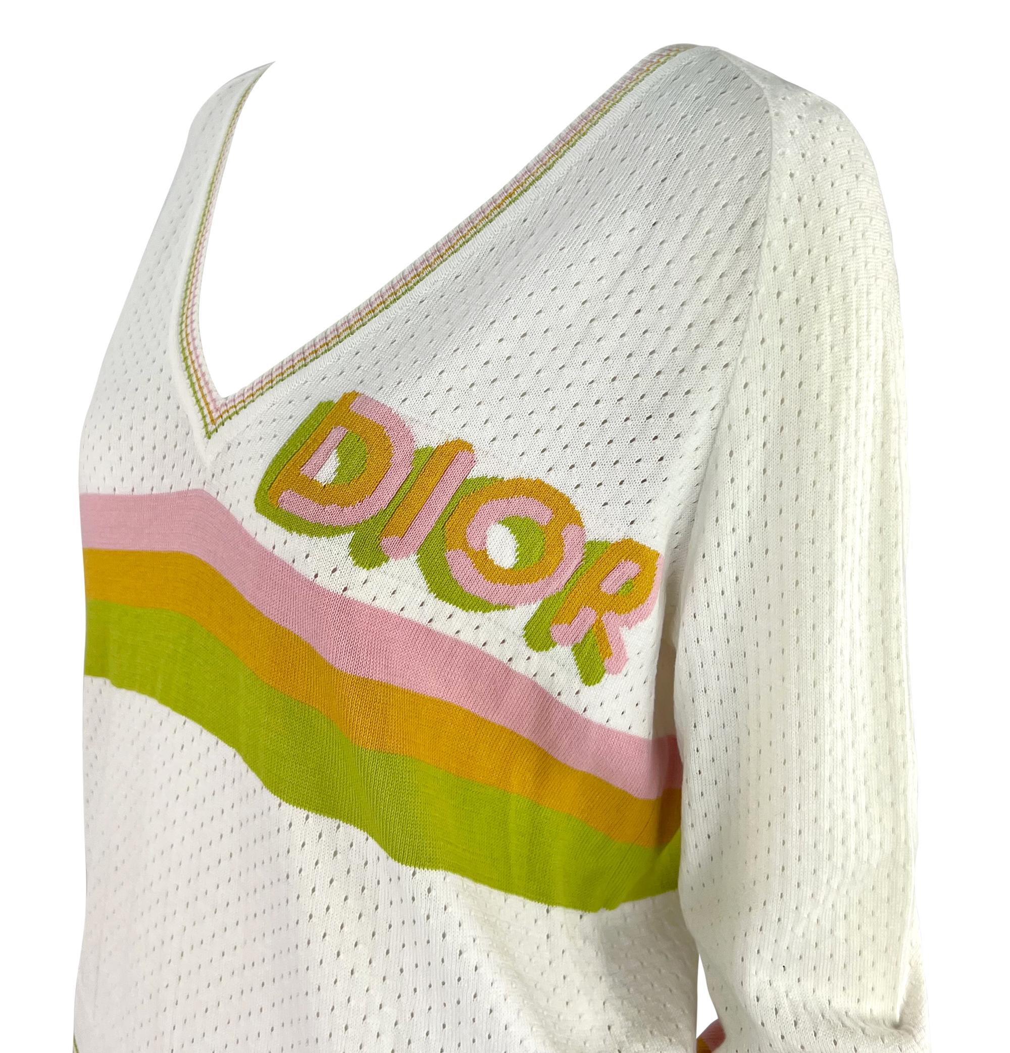 S/S 2004 Christian Dior by John Galliano Sheer Perforated Knit White Logo V-Neck In Excellent Condition For Sale In West Hollywood, CA