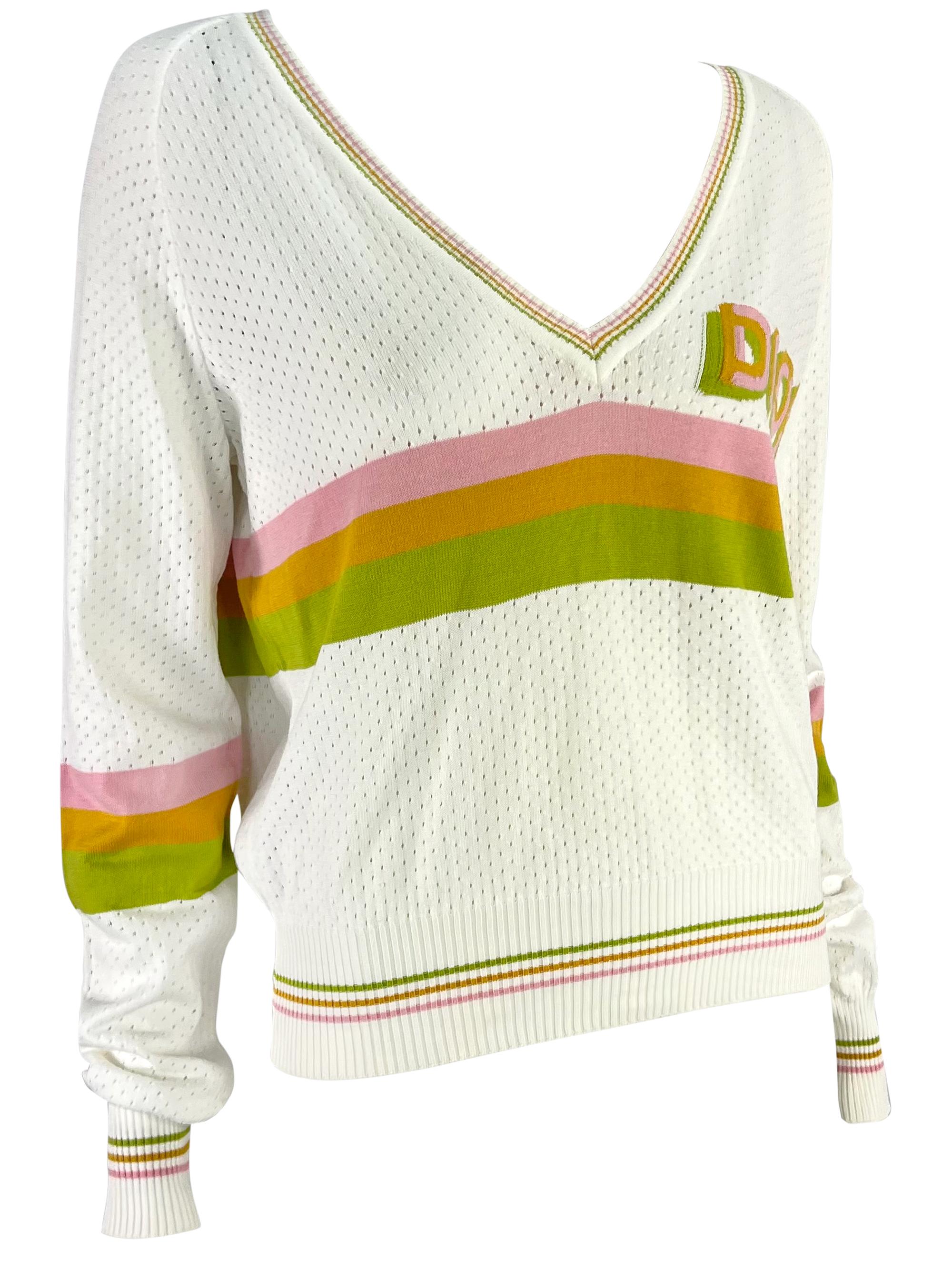 S/S 2004 Christian Dior by John Galliano Sheer Perforated Knit White Logo V-Neck For Sale 3
