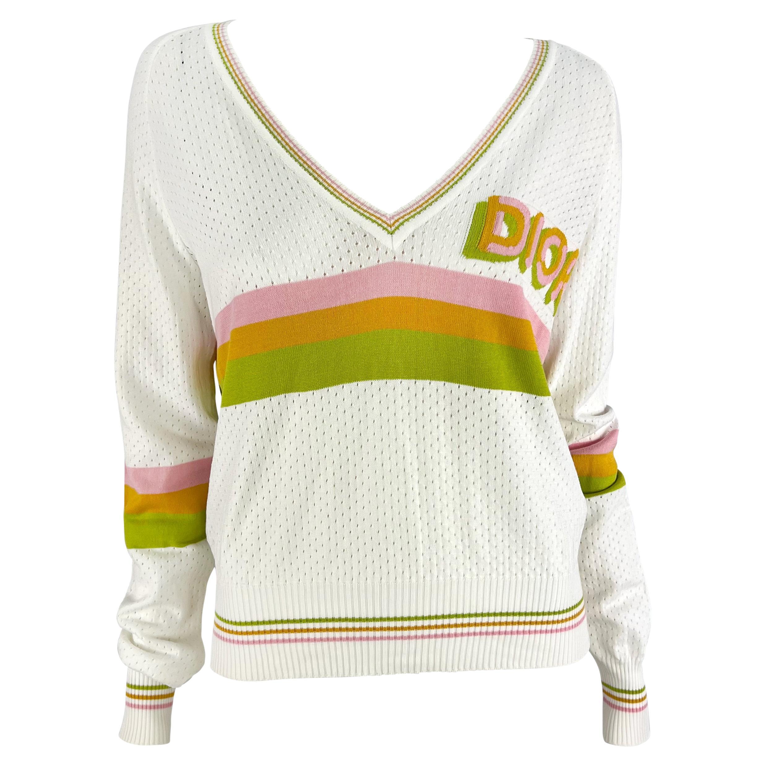 S/S 2004 Christian Dior by John Galliano Sheer Perforated Knit White Logo V-Neck For Sale