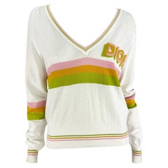 S/S 2004 Christian Dior by John Galliano Sheer Perforated Knit White Logo V-Neck