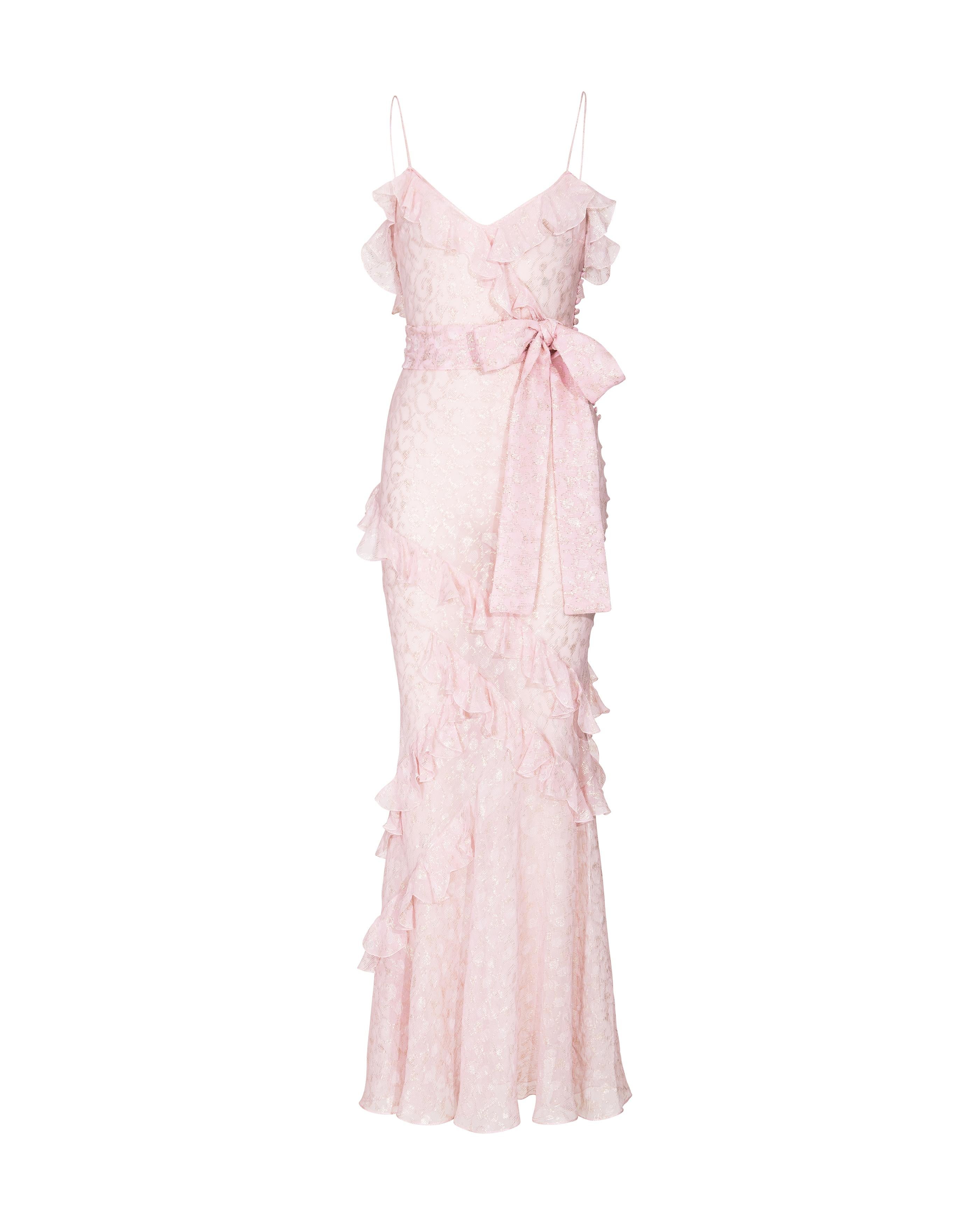 S/S 2004 Christian Dior by John Galliano Sheer Pink and Gold Ruffle Gown 7