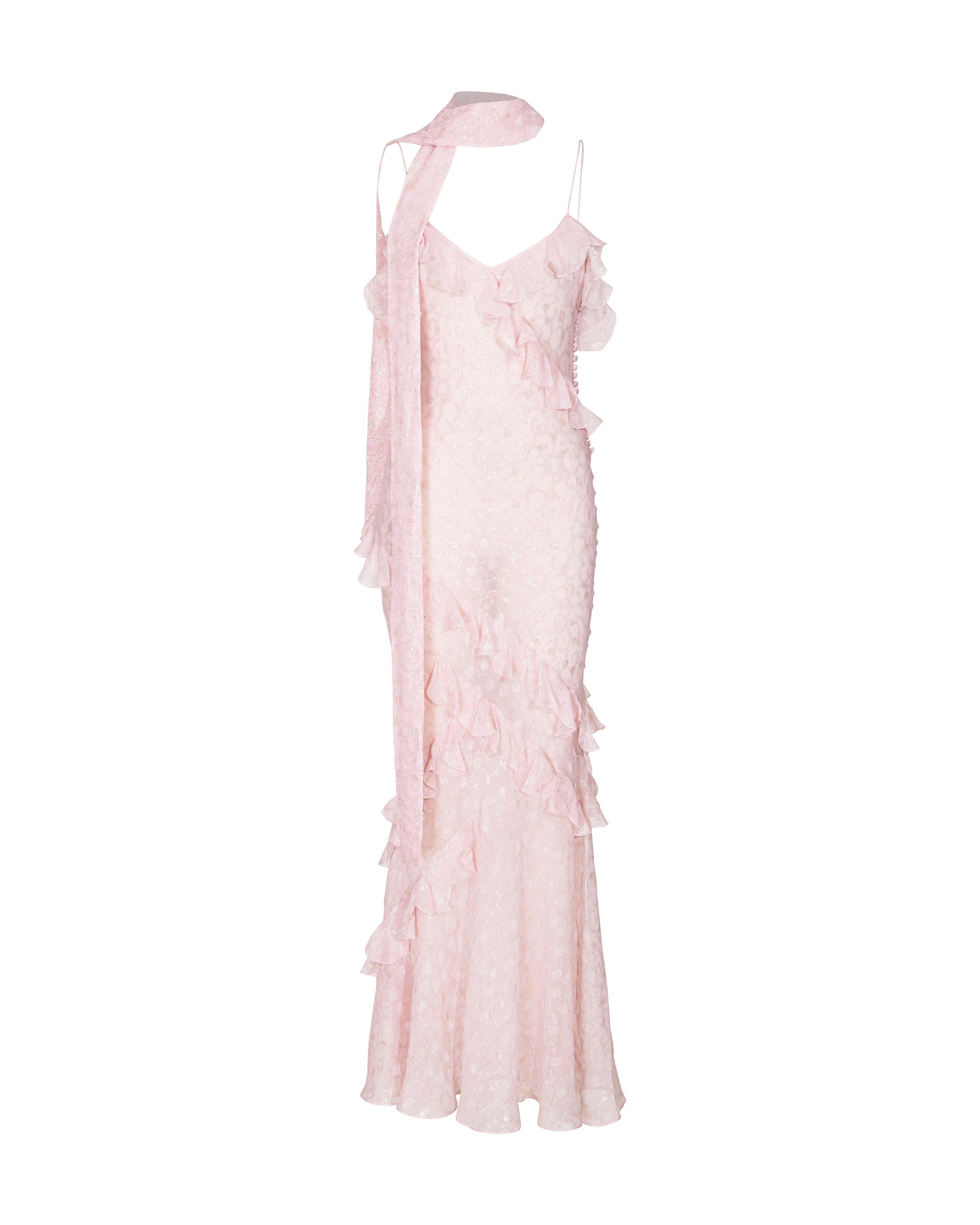 S/S 2004 Christian Dior by John Galliano Sheer Pink and Gold Ruffle Gown 8
