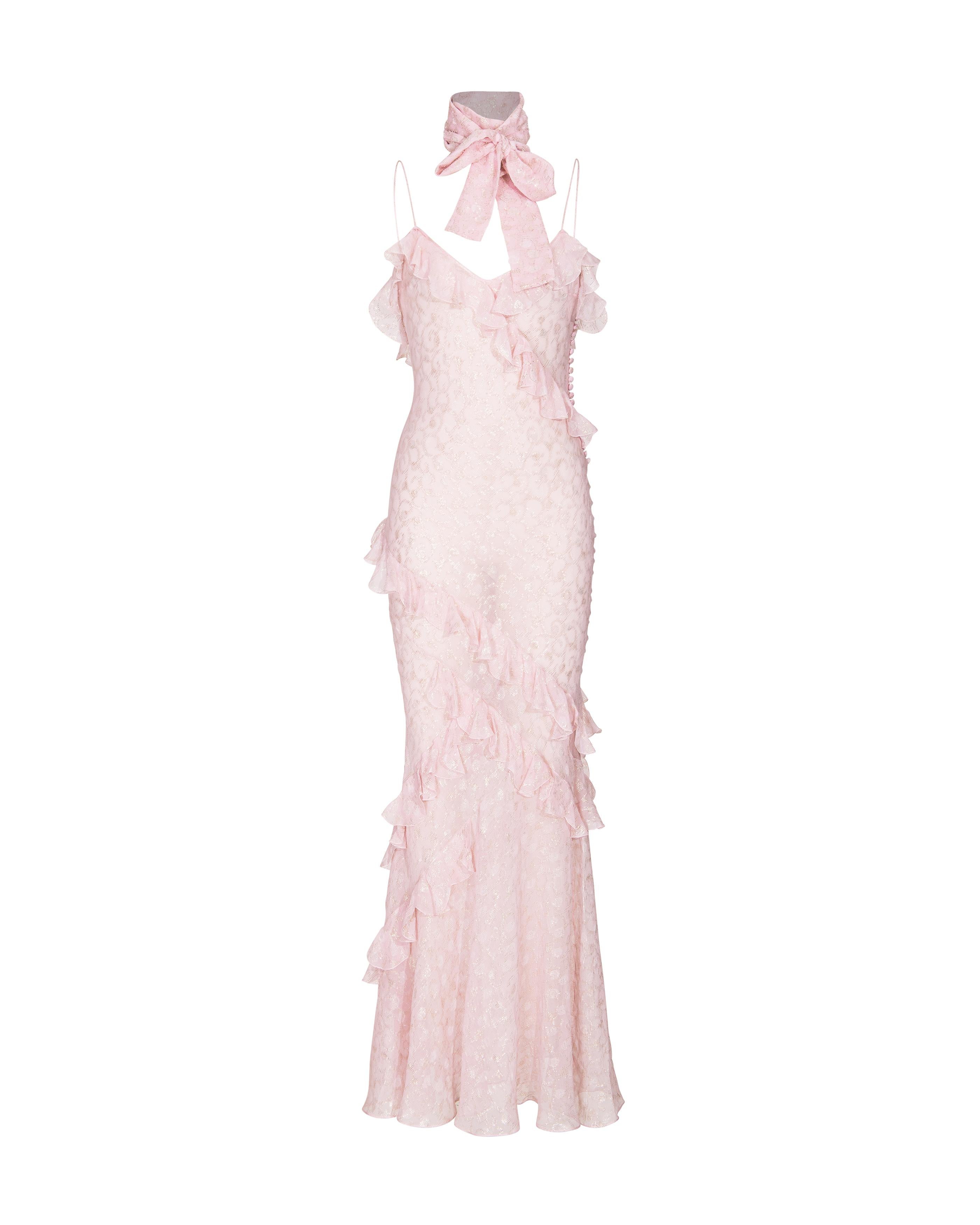 S/S 2004 Christian Dior by John Galliano Sheer Pink and Gold Ruffle Gown 9