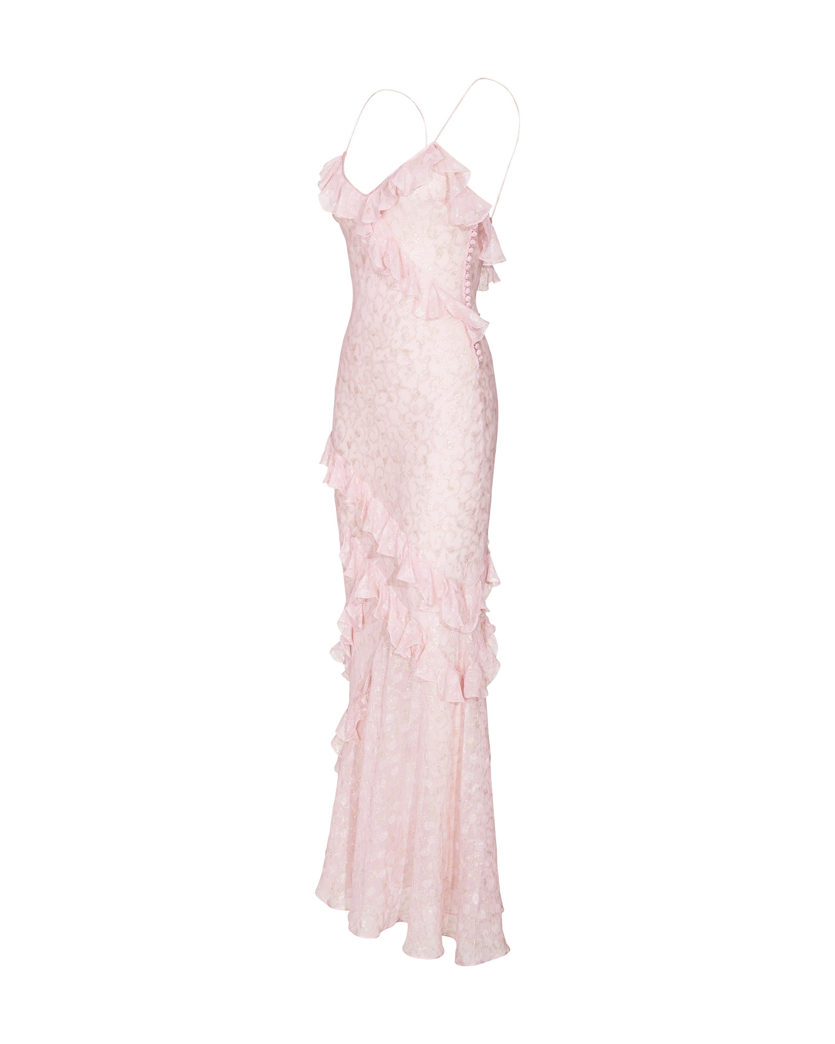 S/S 2004 Christian Dior by John Galliano Sheer Pink and Gold Ruffle Gown In Excellent Condition In North Hollywood, CA