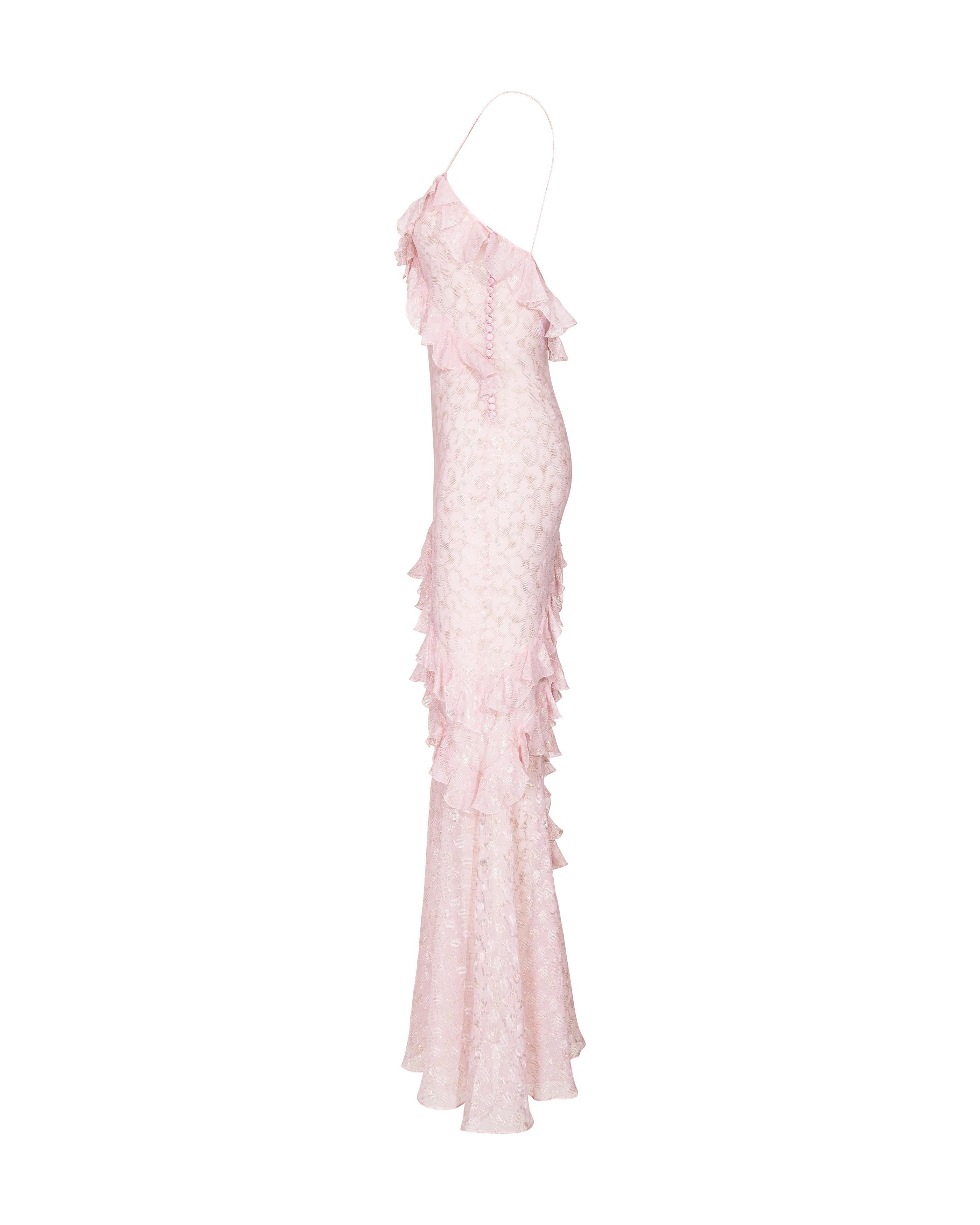Women's S/S 2004 Christian Dior by John Galliano Sheer Pink and Gold Ruffle Gown