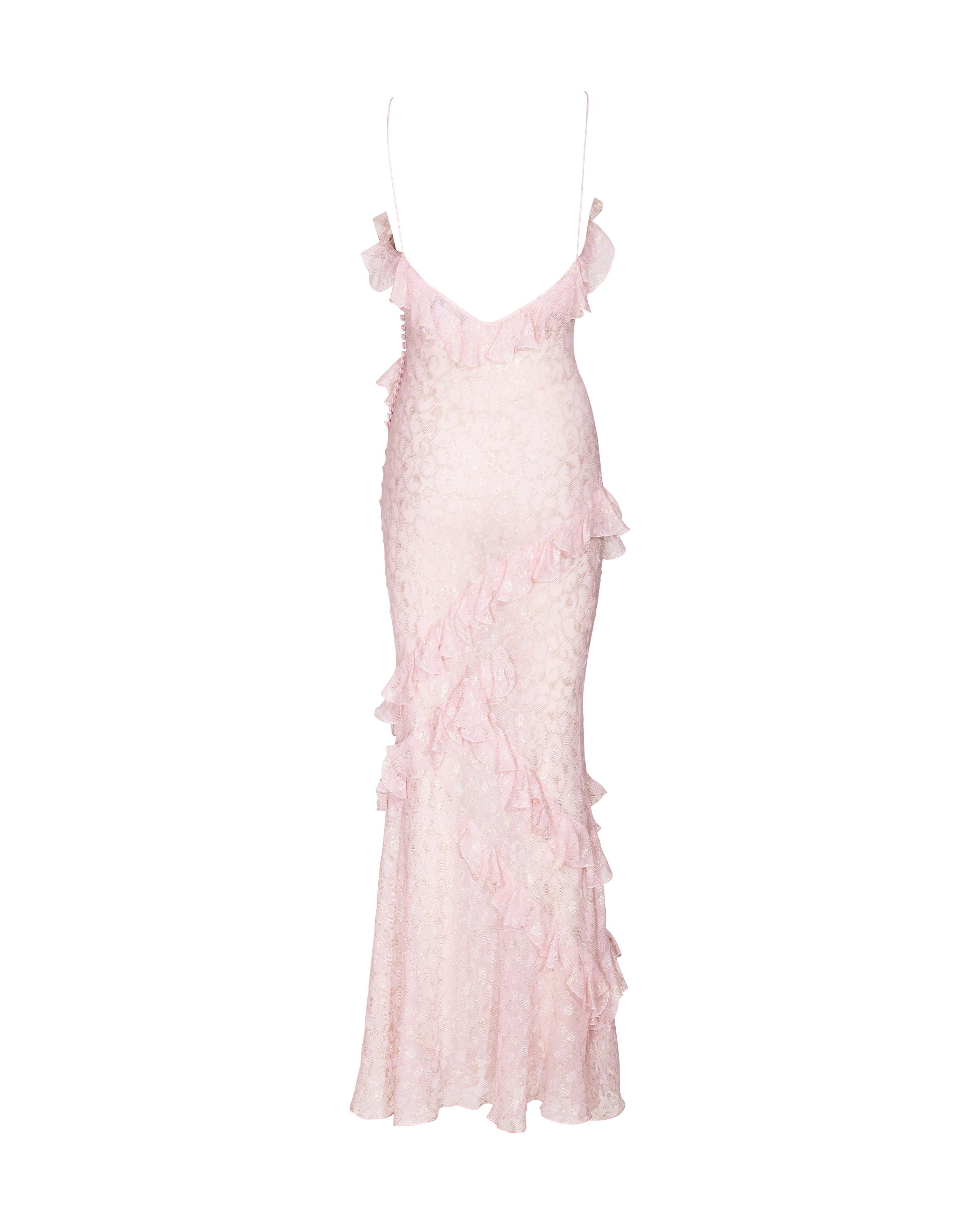 S/S 2004 Christian Dior by John Galliano Sheer Pink and Gold Ruffle Gown 1