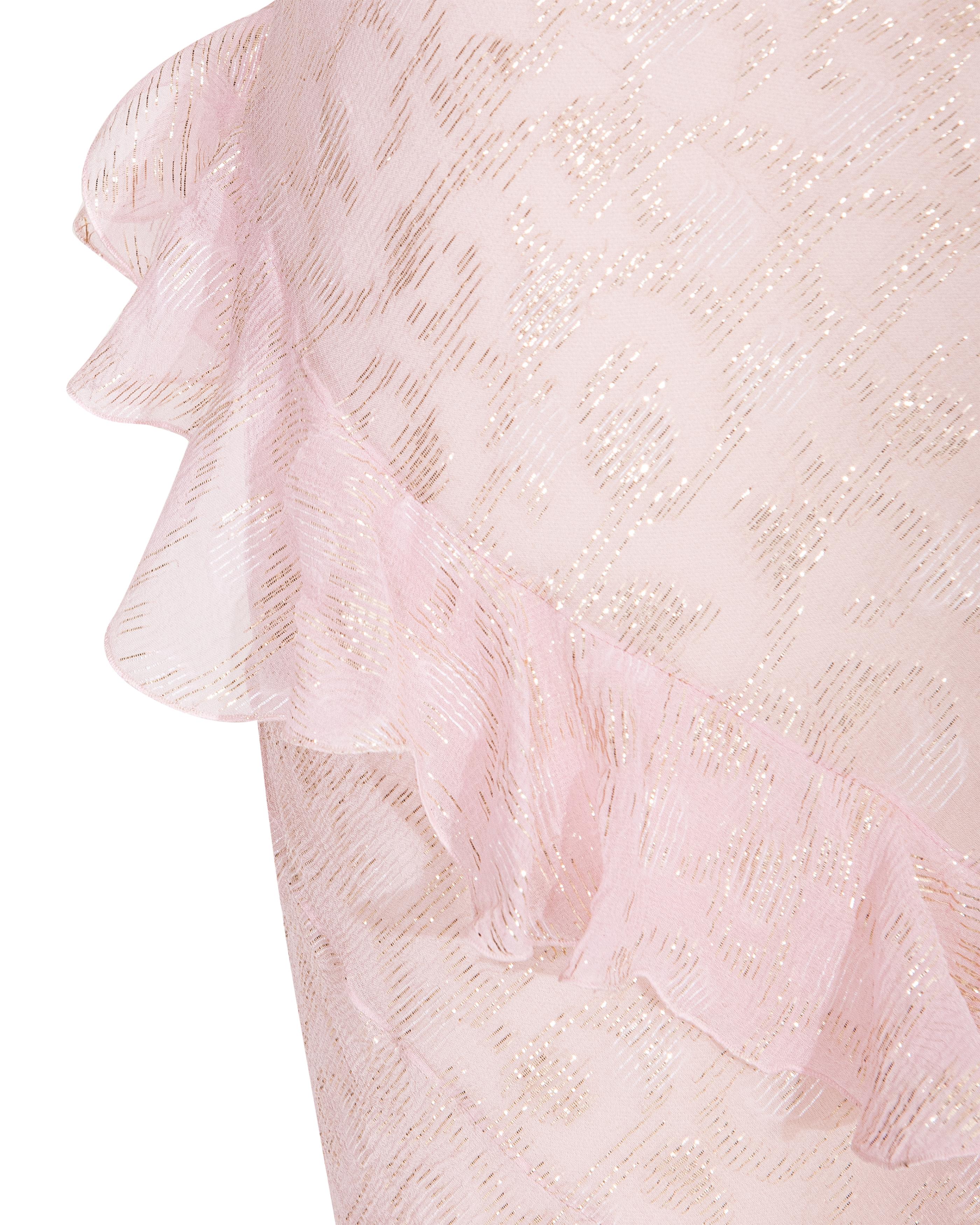 S/S 2004 Christian Dior by John Galliano Sheer Pink and Gold Ruffle Gown 3