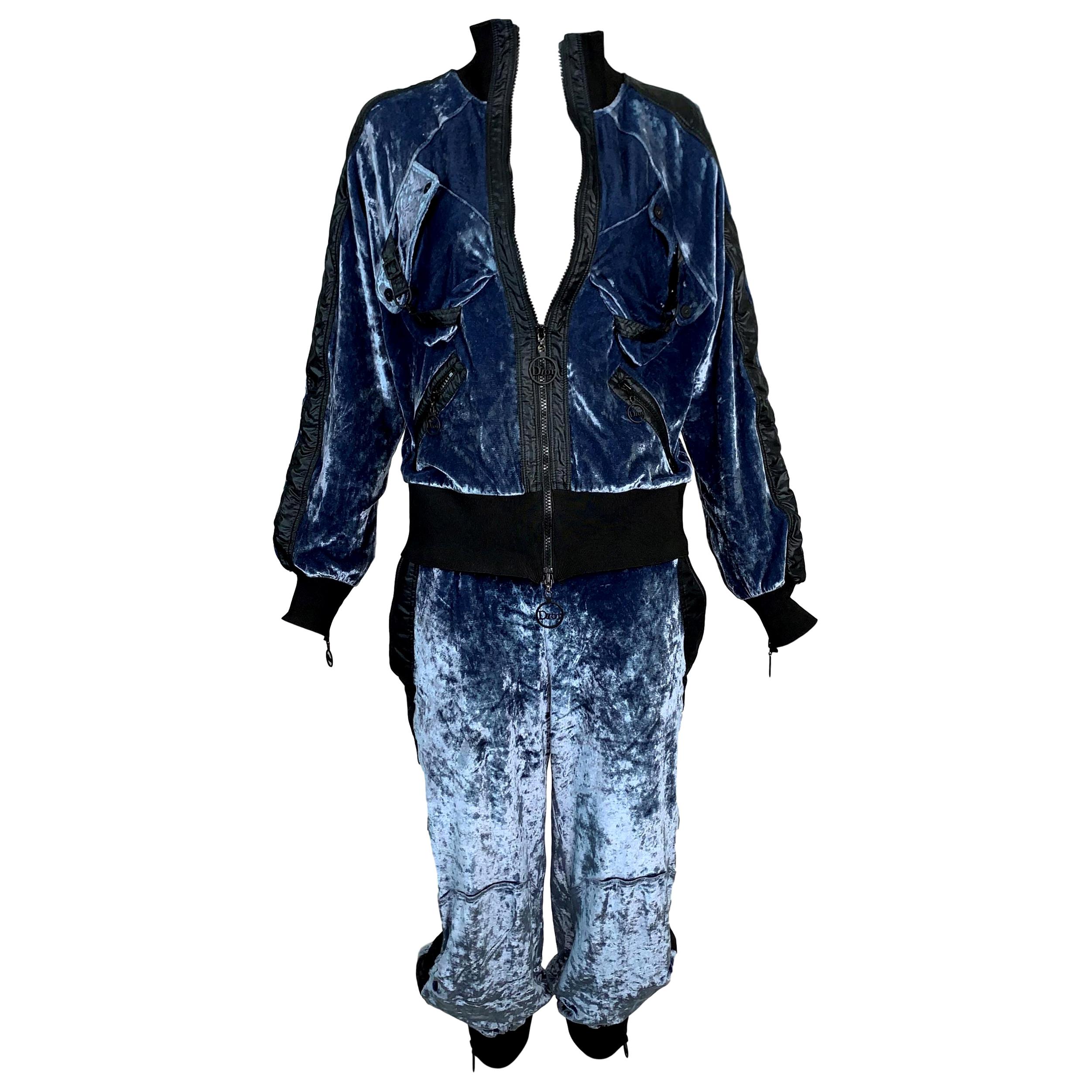 S/S 2004 Christian Dior John Galliano Blue Velvet Jacket & Pants Tracksuit