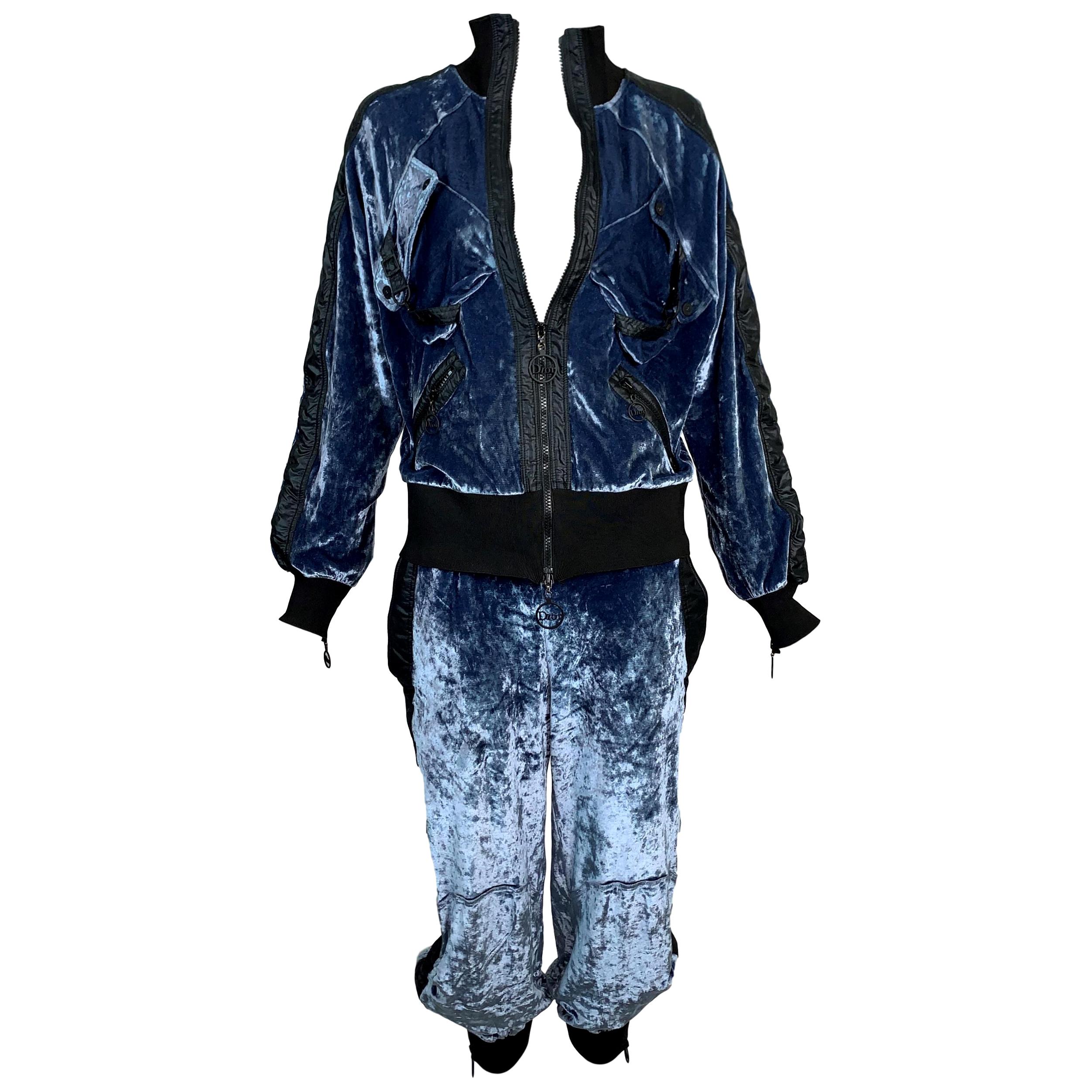 S/S 2004 Christian Dior John Galliano Blue Velvet Jacket & Pants Tracksuit