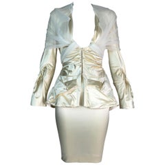 S/S 2004 Christian Dior John Galliano Ivory Satin Tulle Plunging Skirt Suit