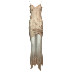 S/S 2004 Christian Dior John Galliano Sheer Nude Silk Mesh Fringe Maxi Dress