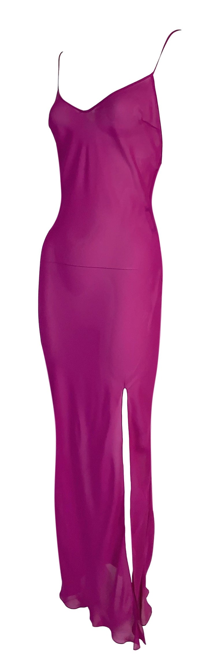 S/S 2004 Christian Dior Sheer Magenta Hot Pink Silk Plunging Slip Dress ...