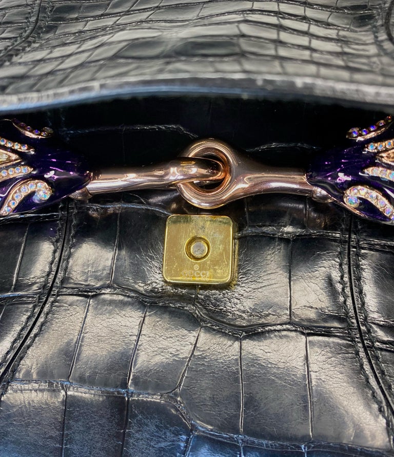 S/S 2004 Gucci by Tom Ford Alligator Horse Bit Crystal Enamel Serpent XL Clutch For Sale 4