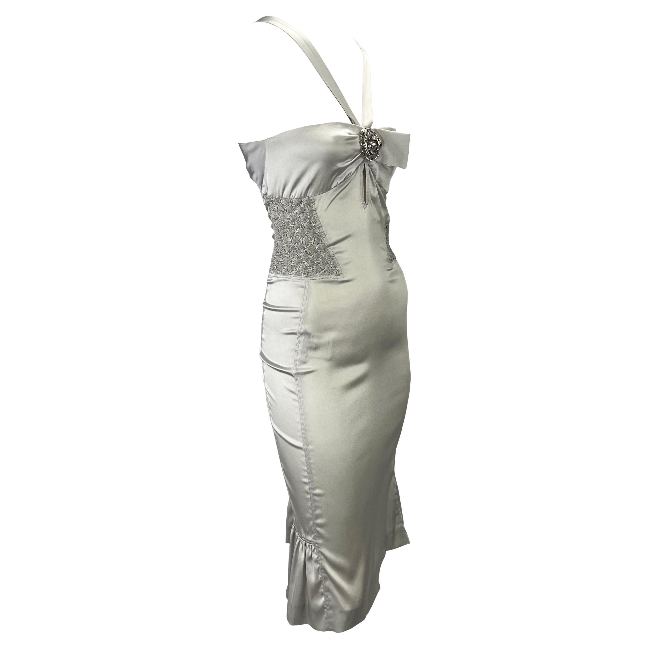 S/S 2004 Gucci by Tom Ford Backless Rhinestone Ruched Silver Silk Strap Dress In Excellent Condition For Sale In West Hollywood, CA