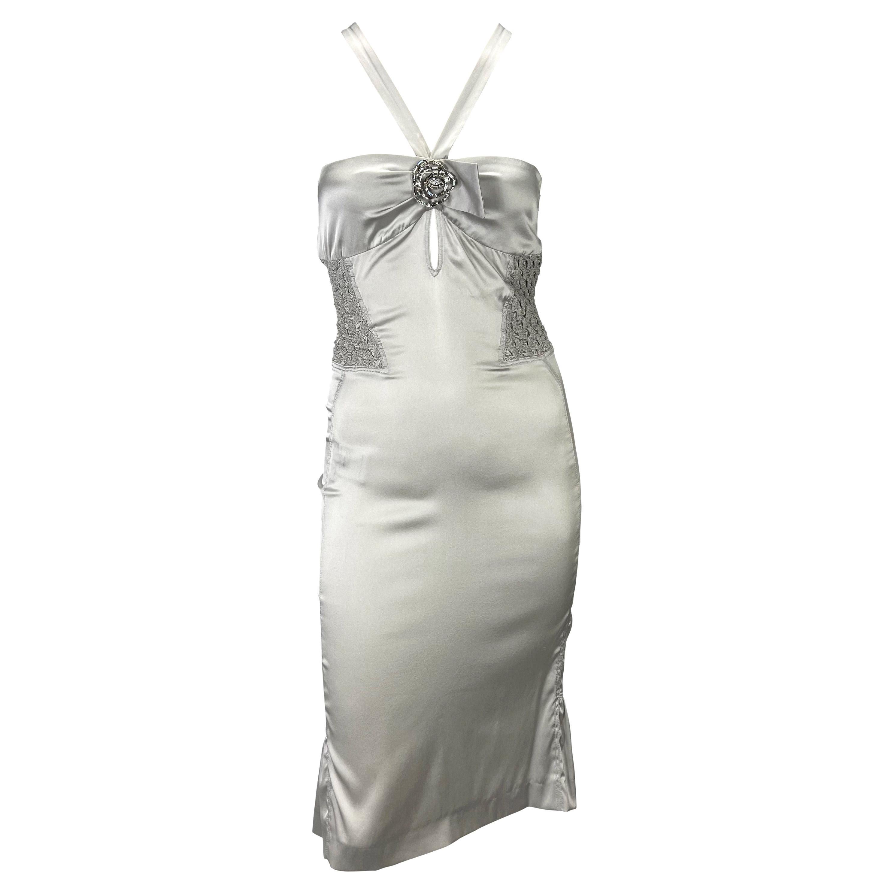 S/S 2004 Gucci by Tom Ford Backless Rhinestone Ruched Silver Silk Strap Dress For Sale
