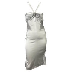 Used S/S 2004 Gucci by Tom Ford Backless Rhinestone Ruched Silver Silk Strap Dress