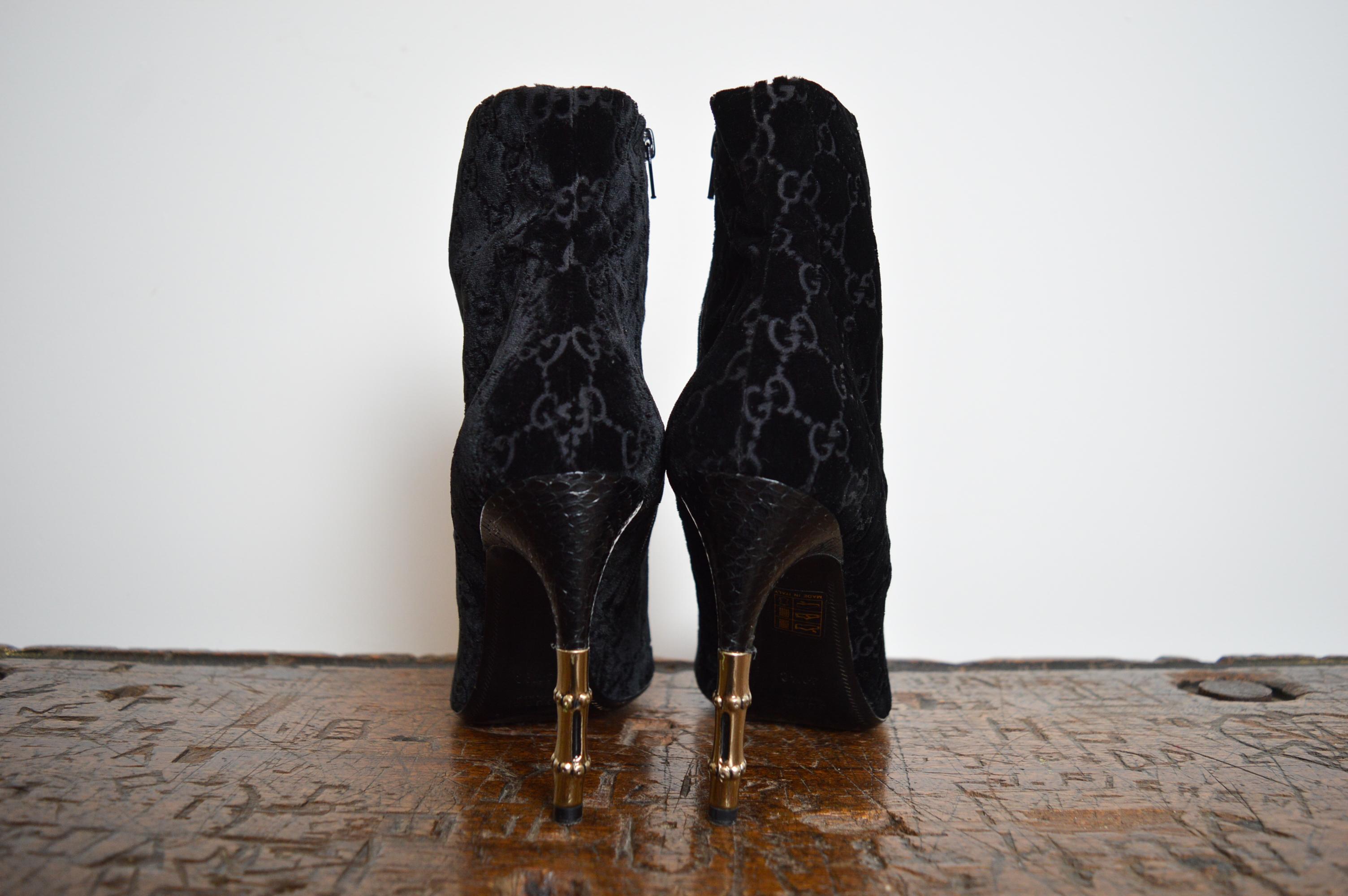 S/S 2004 Gucci by Tom Ford Black Velvet Devoré GG monogram stiletto ankle boots 6