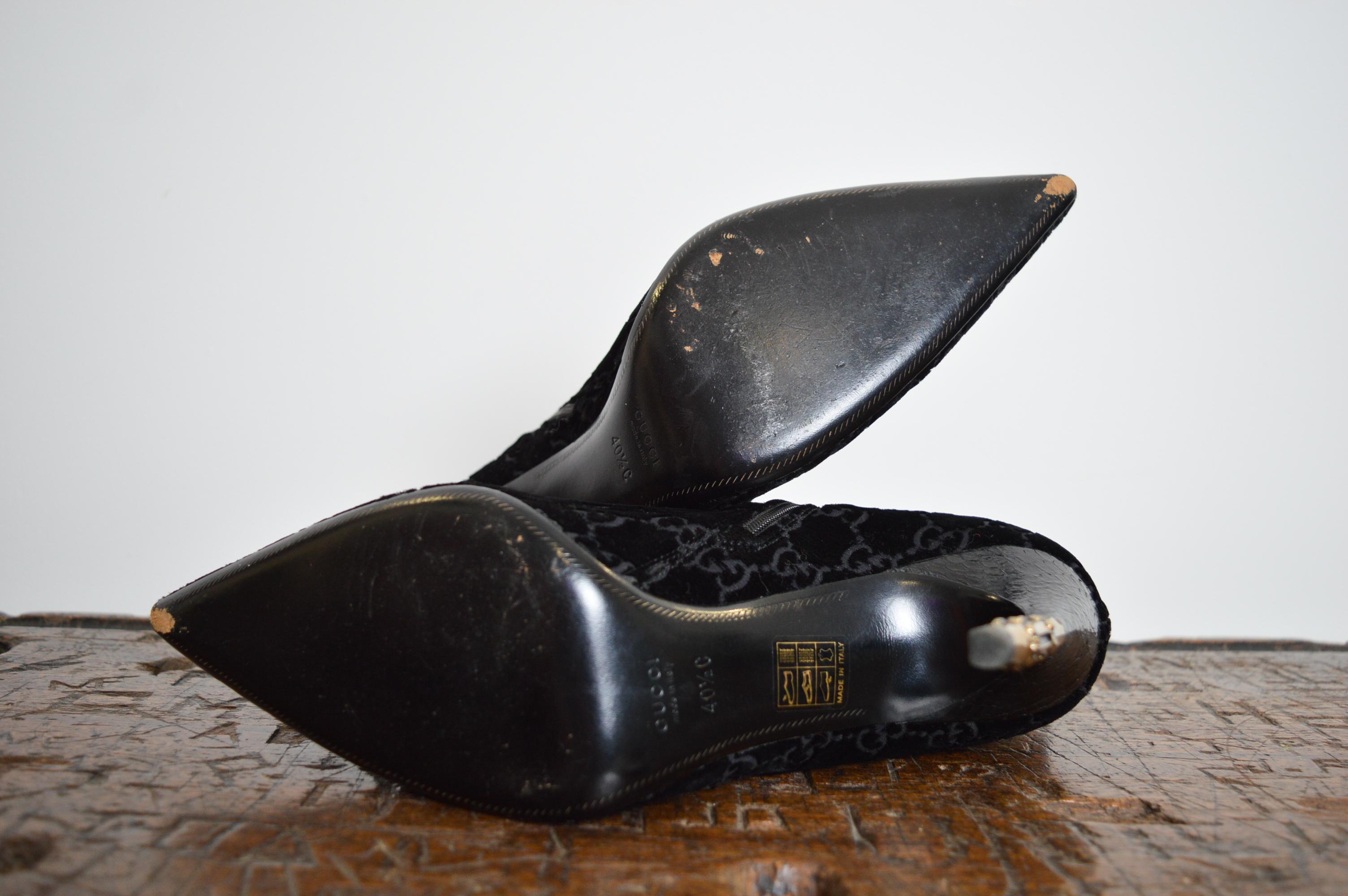 S/S 2004 Gucci by Tom Ford Black Velvet Devoré GG monogram stiletto ankle boots 10