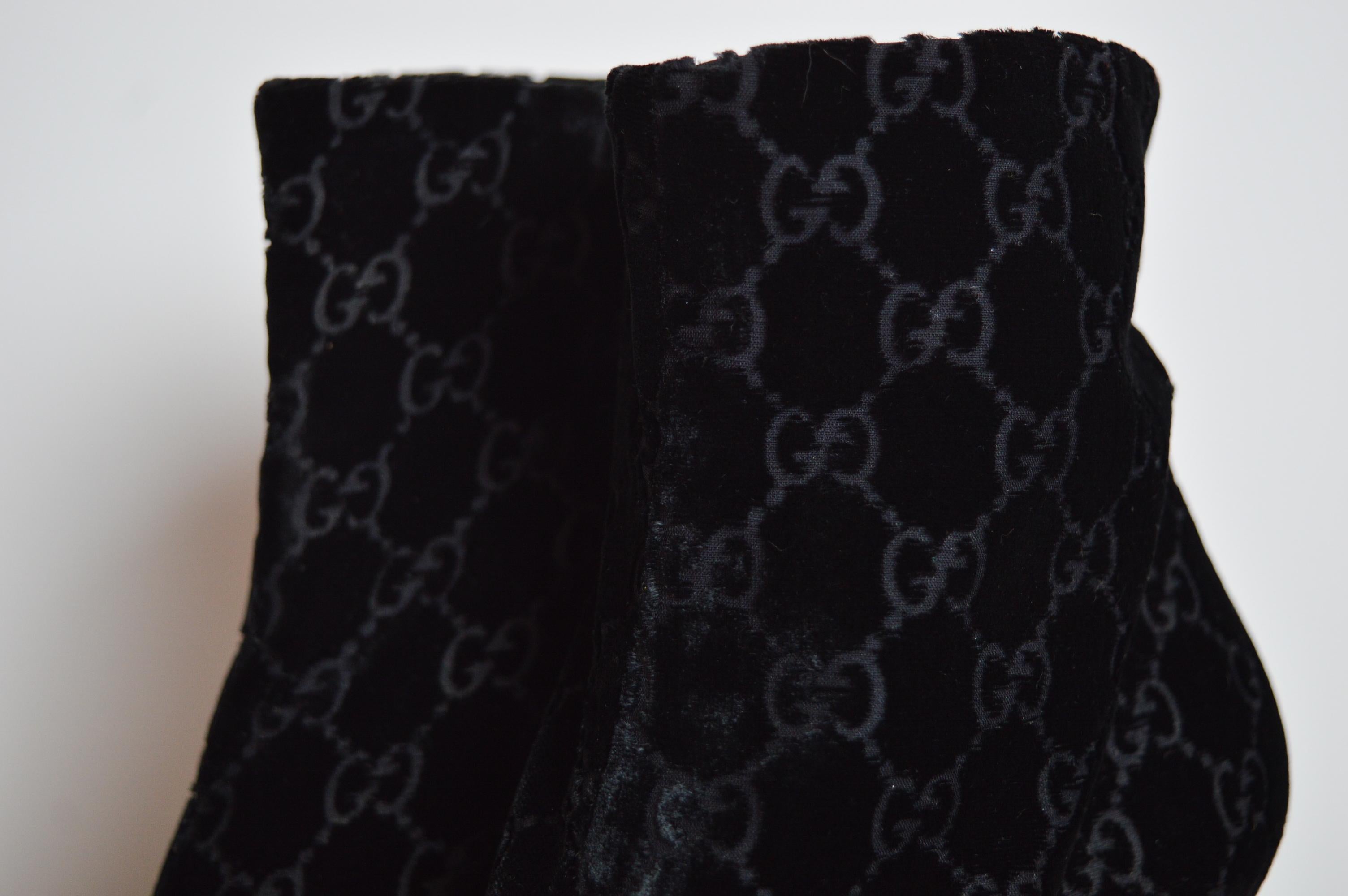 S/S 2004 Gucci by Tom Ford Black Velvet Devoré GG monogram stiletto ankle boots In Good Condition In Sheffield, GB
