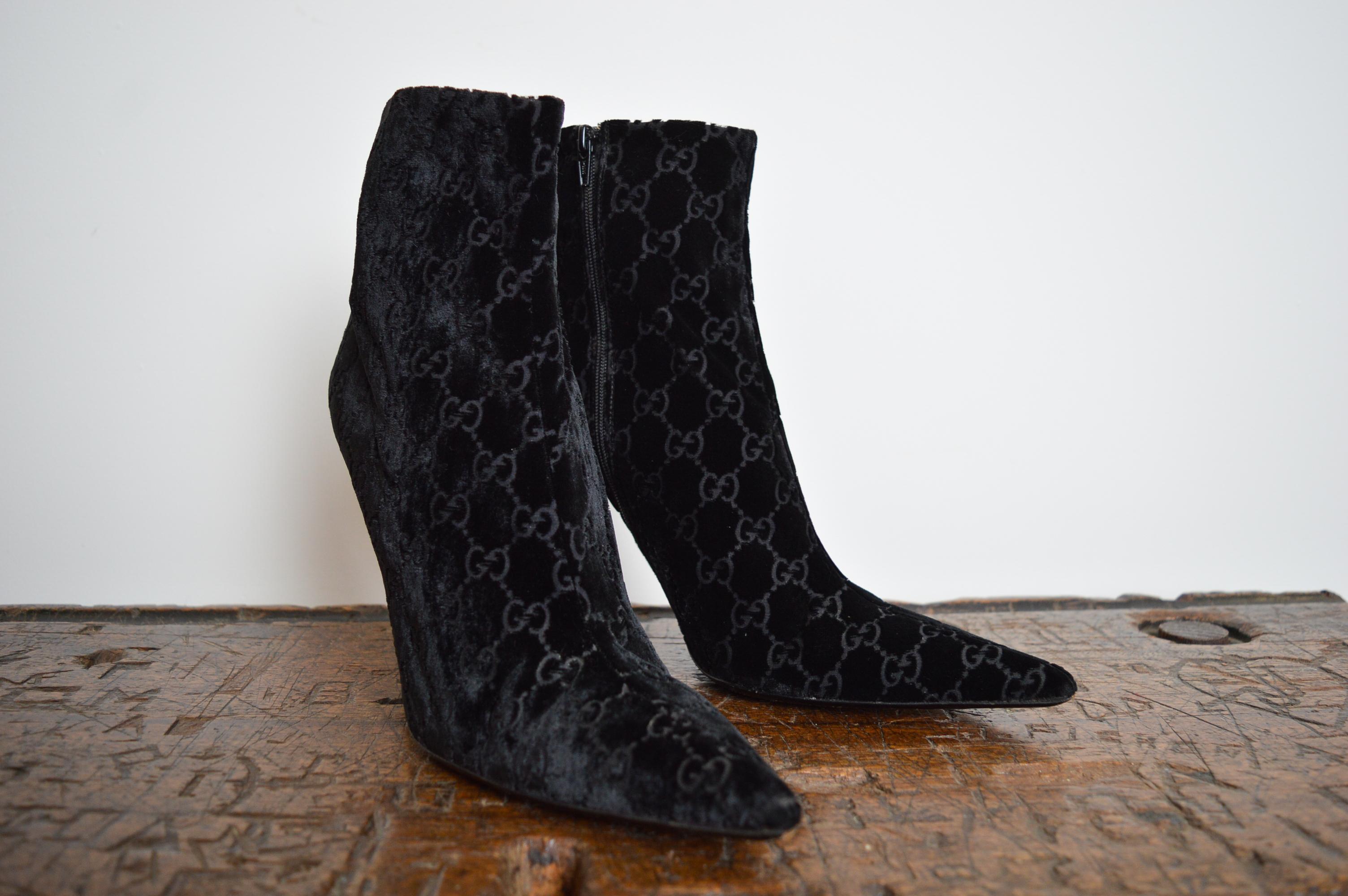 Women's S/S 2004 Gucci by Tom Ford Black Velvet Devoré GG monogram stiletto ankle boots