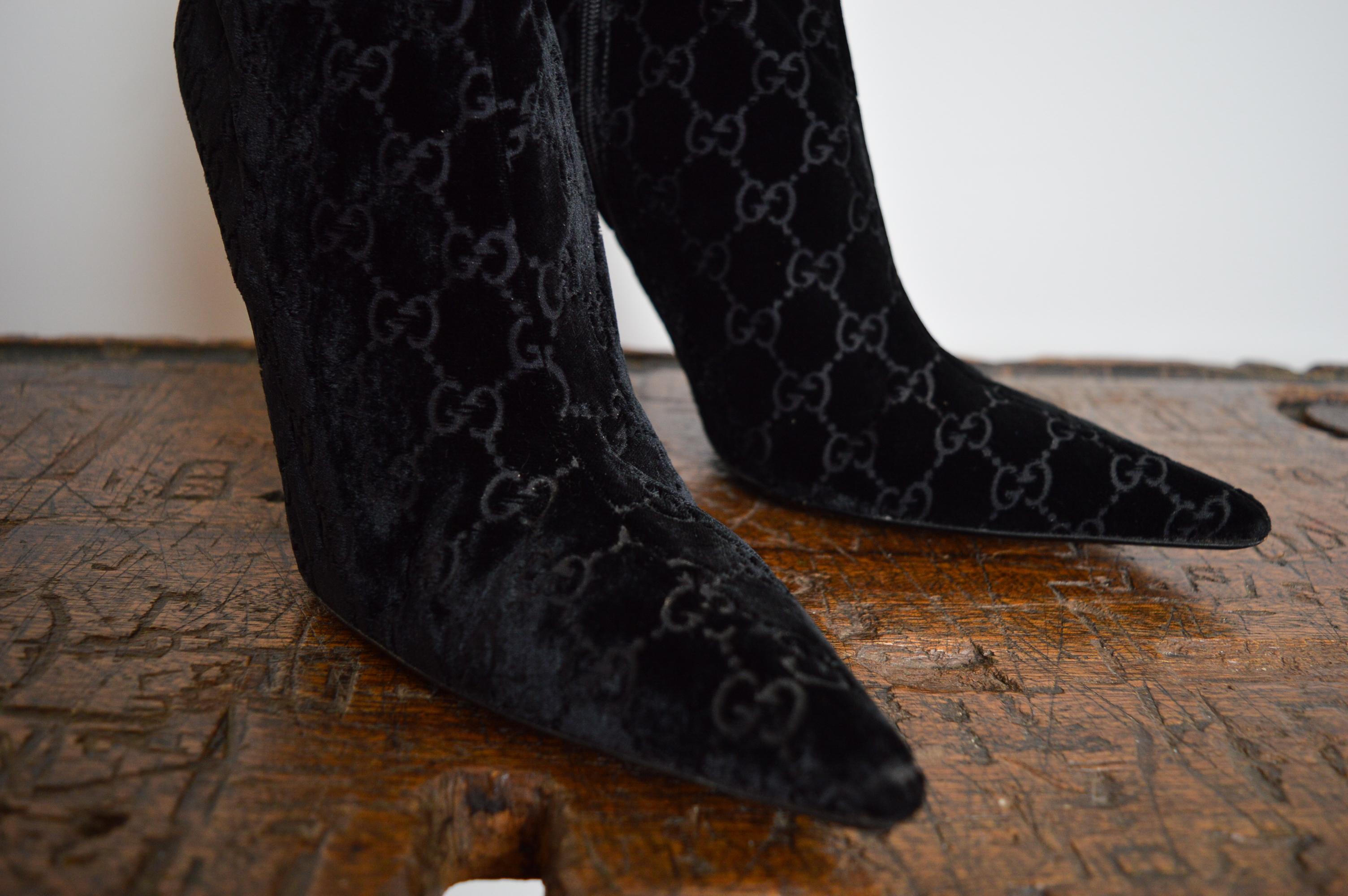 S/S 2004 Gucci by Tom Ford Black Velvet Devoré GG monogram stiletto ankle boots 1