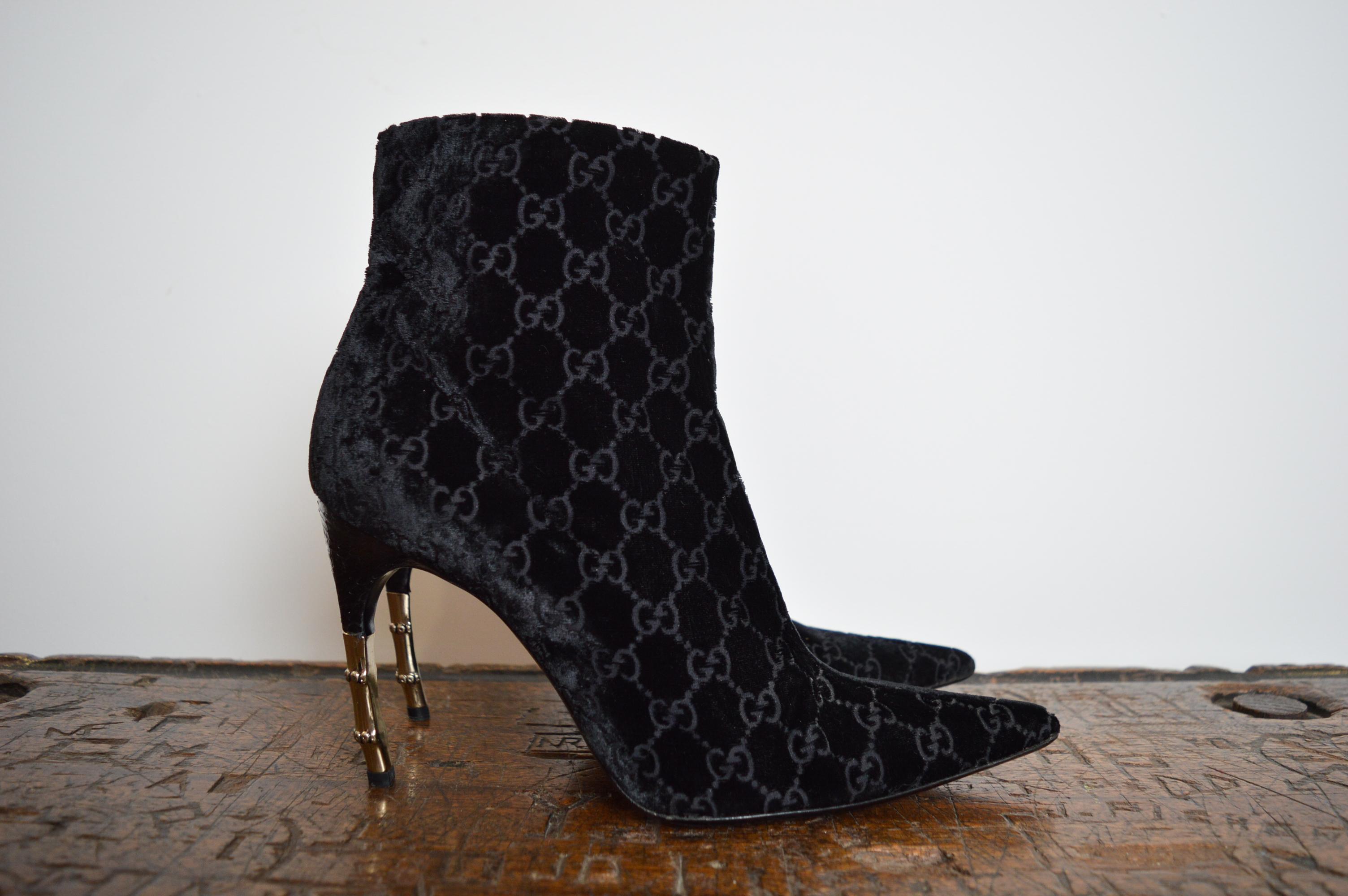 S/S 2004 Gucci by Tom Ford Black Velvet Devoré GG monogram stiletto ankle boots 2
