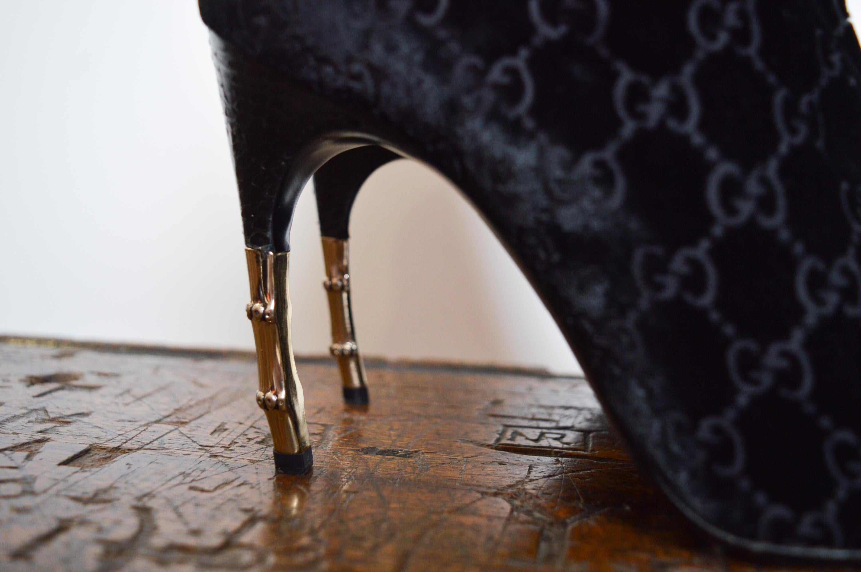 S/S 2004 Gucci by Tom Ford Black Velvet Devoré GG monogram stiletto ankle boots 4