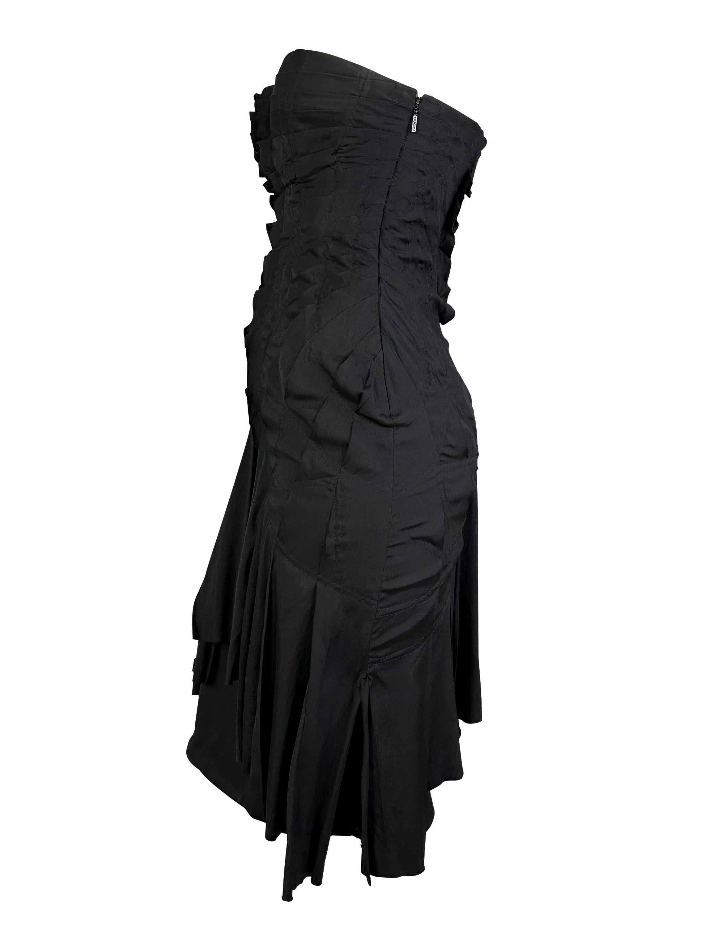 Women's S/S 2004 Gucci by Tom Ford Fan Pleated Silk Ribbon Cutout Black Strapless Dress For Sale