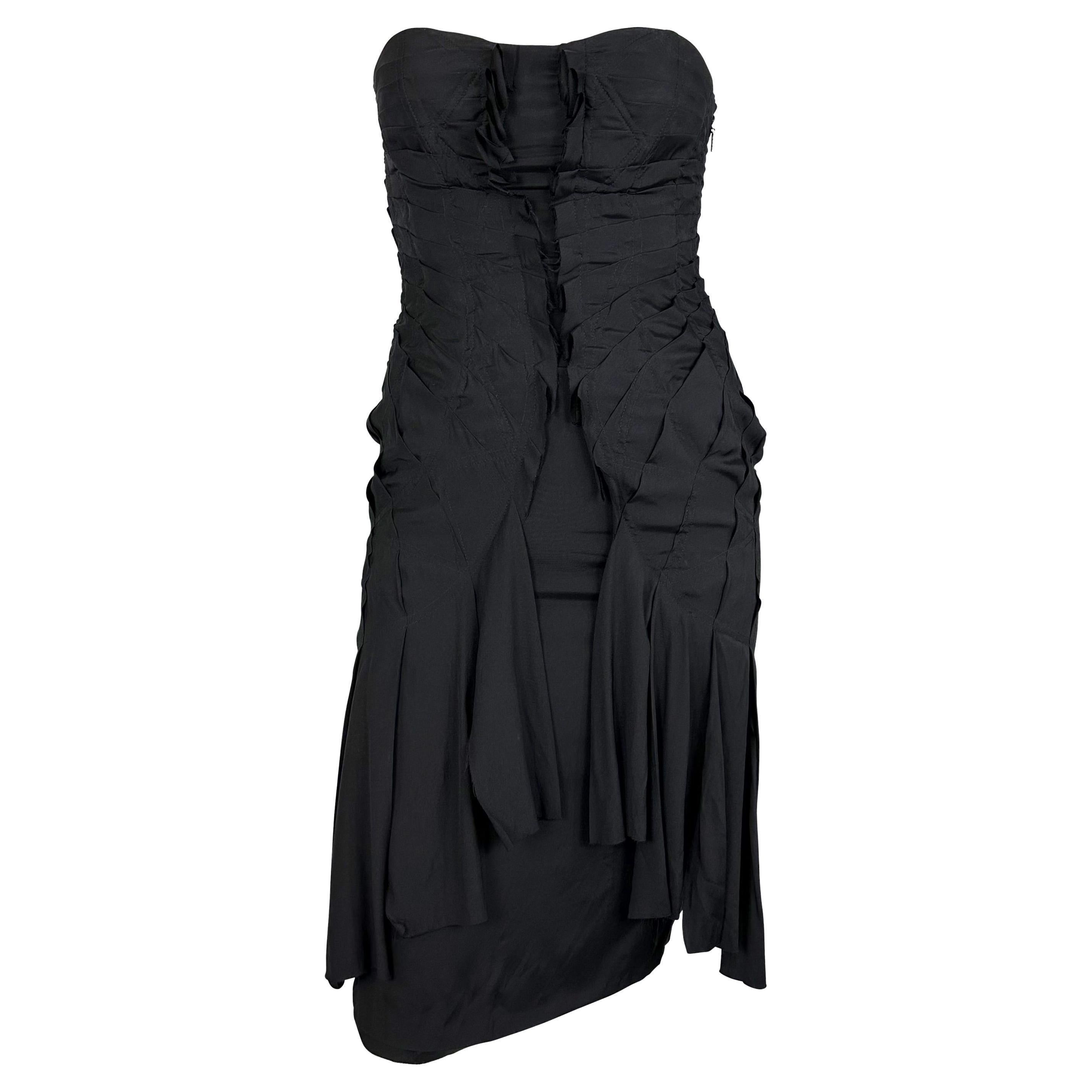 S/S 2004 Gucci by Tom Ford Fan Pleated Silk Ribbon Cutout Black Strapless Dress For Sale