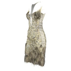 S/S 2004 Gucci by Tom Ford Feather Rhinestone Silver Silk Backless Dress